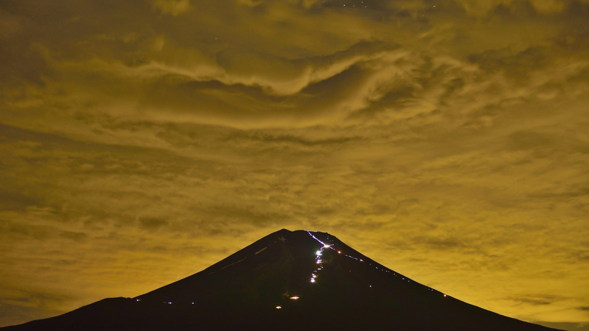 non-urban scene, beauty in nature, mountain, sunset, environment, nature landscape mount fuji japan mountain night lights clouds silhouette stars noisy climbing long exposure, HD Wallpaper