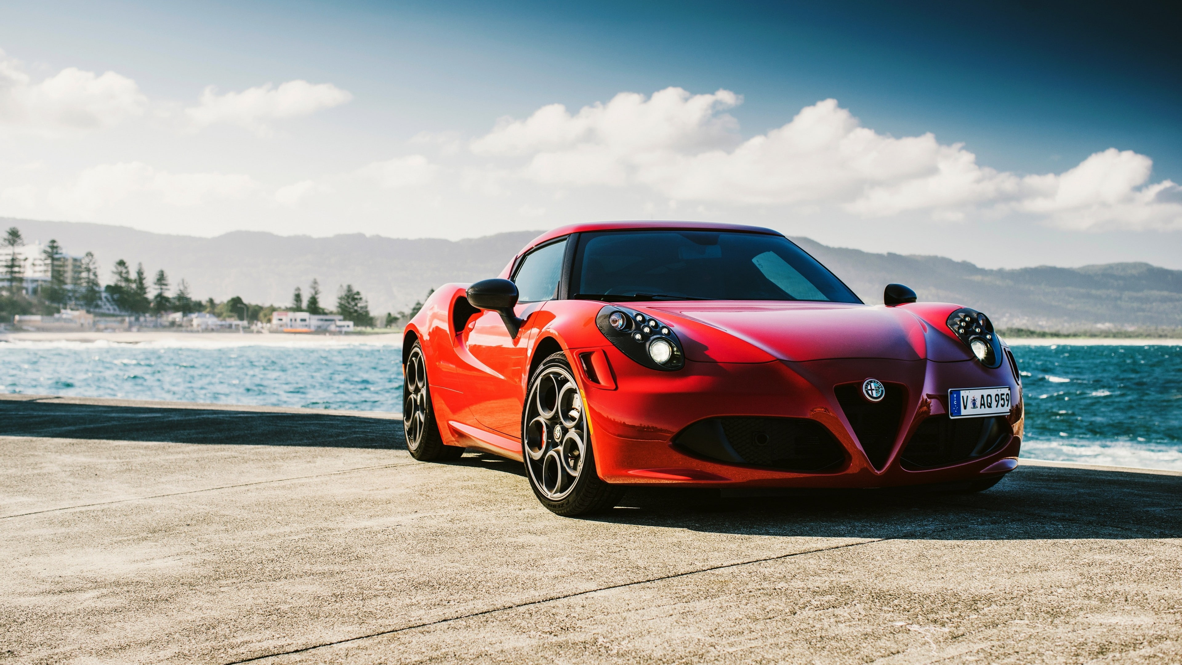 outdoors, Alfa Romeo 4C, luxury, red, cloud - sky, transportation, travel, car, water, mode of transportation, sports car, land vehicle, 4K, motion, sky, HD Wallpaper