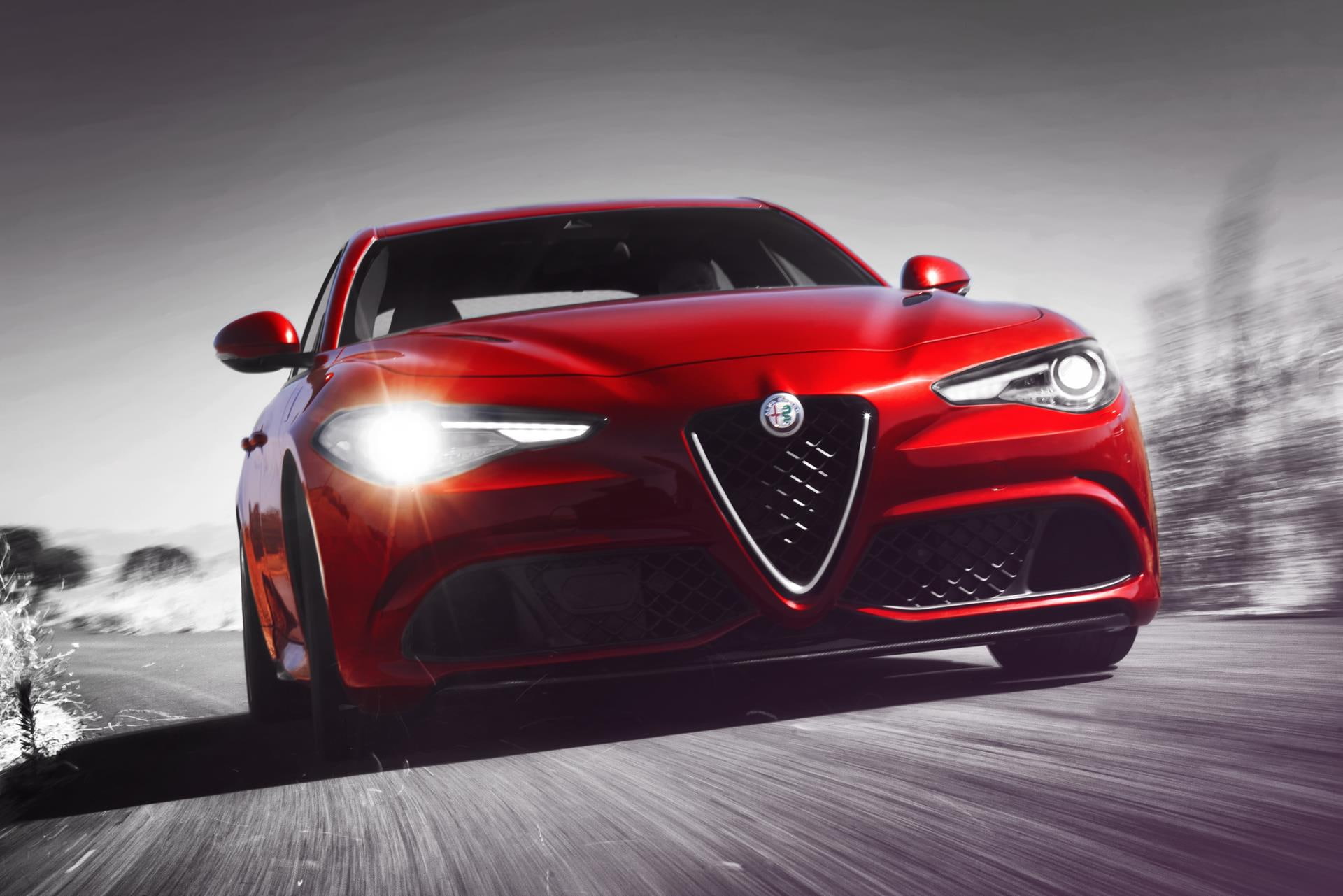1080P, mode of transportation, land vehicle, isolated color, close-up, romeo, red, outdoors, no people, road trip, nature, racecar, luxury, giulia, headlight, HD Wallpaper