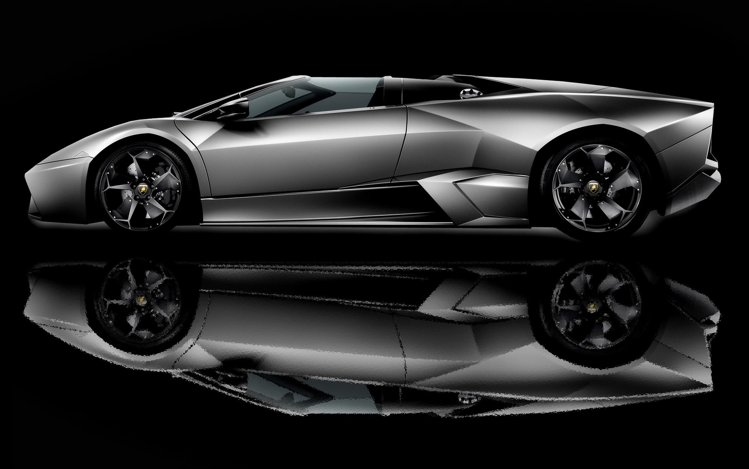 high angle view, Lamborghini Reventon Roadster, convertible, gray, Lamborghini Reventon, land vehicle, single object, retro styled, black background, 1080P, HD Wallpaper
