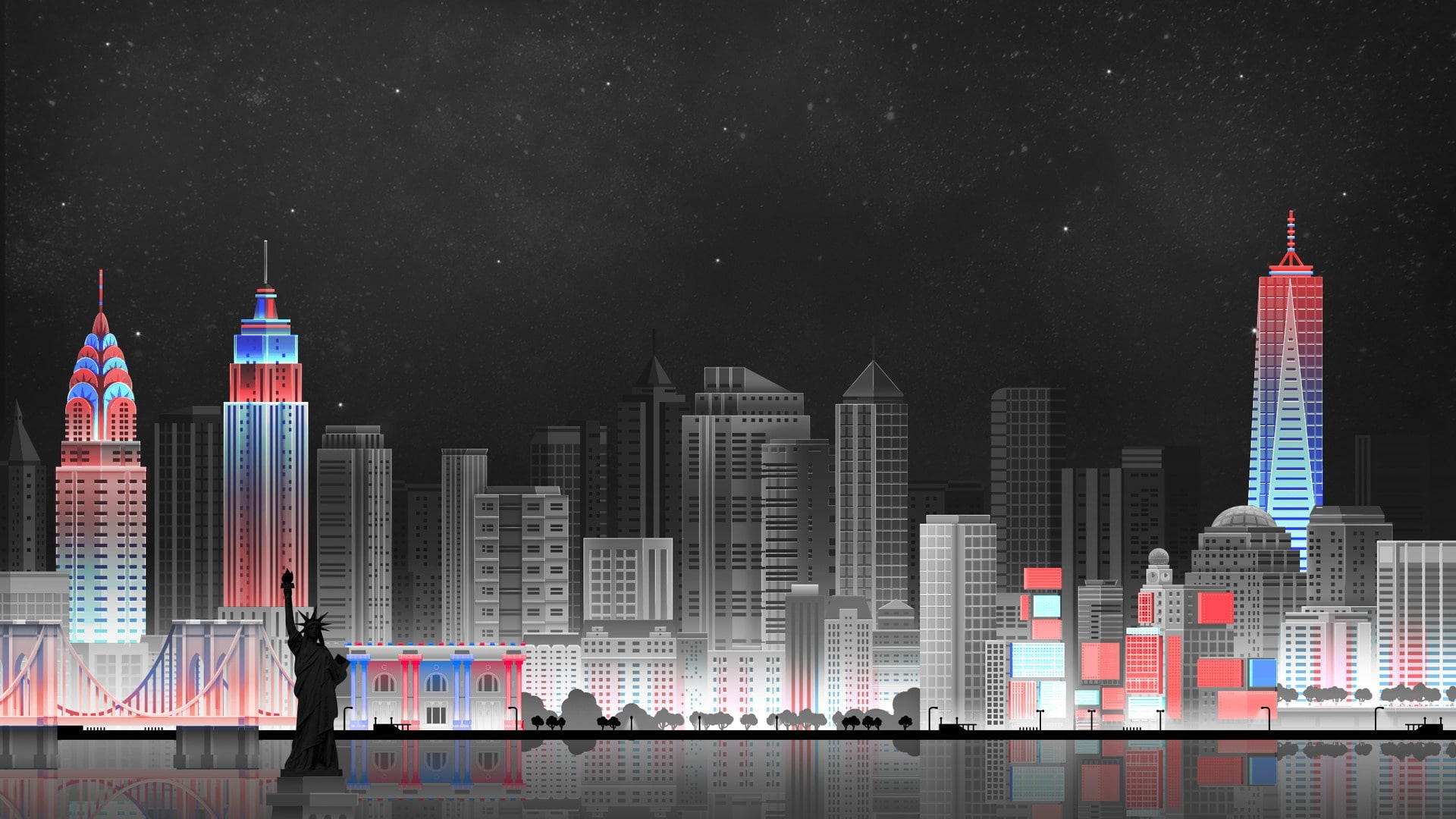 new york, reflection, skyline, digital art, tower block, cityscape, 1080P, manhattan, skyscraper, illustration, tower, artwork, night, city, downtown, HD Wallpaper