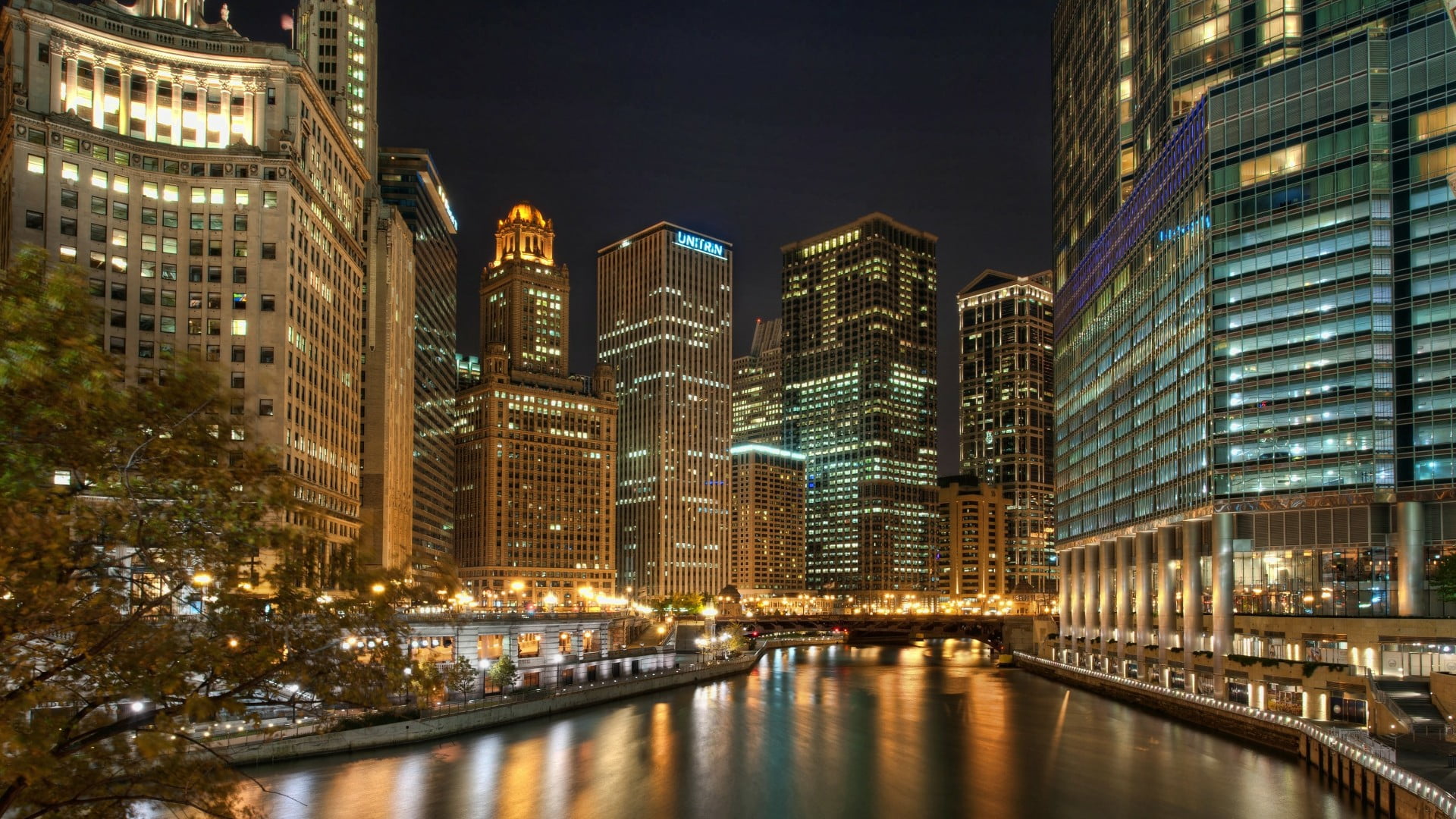 chicago, river, tower block, residential district, built structure, metropolis, illuminated, water, modern, reflection, waterway, illinois, city, united states, HD Wallpaper