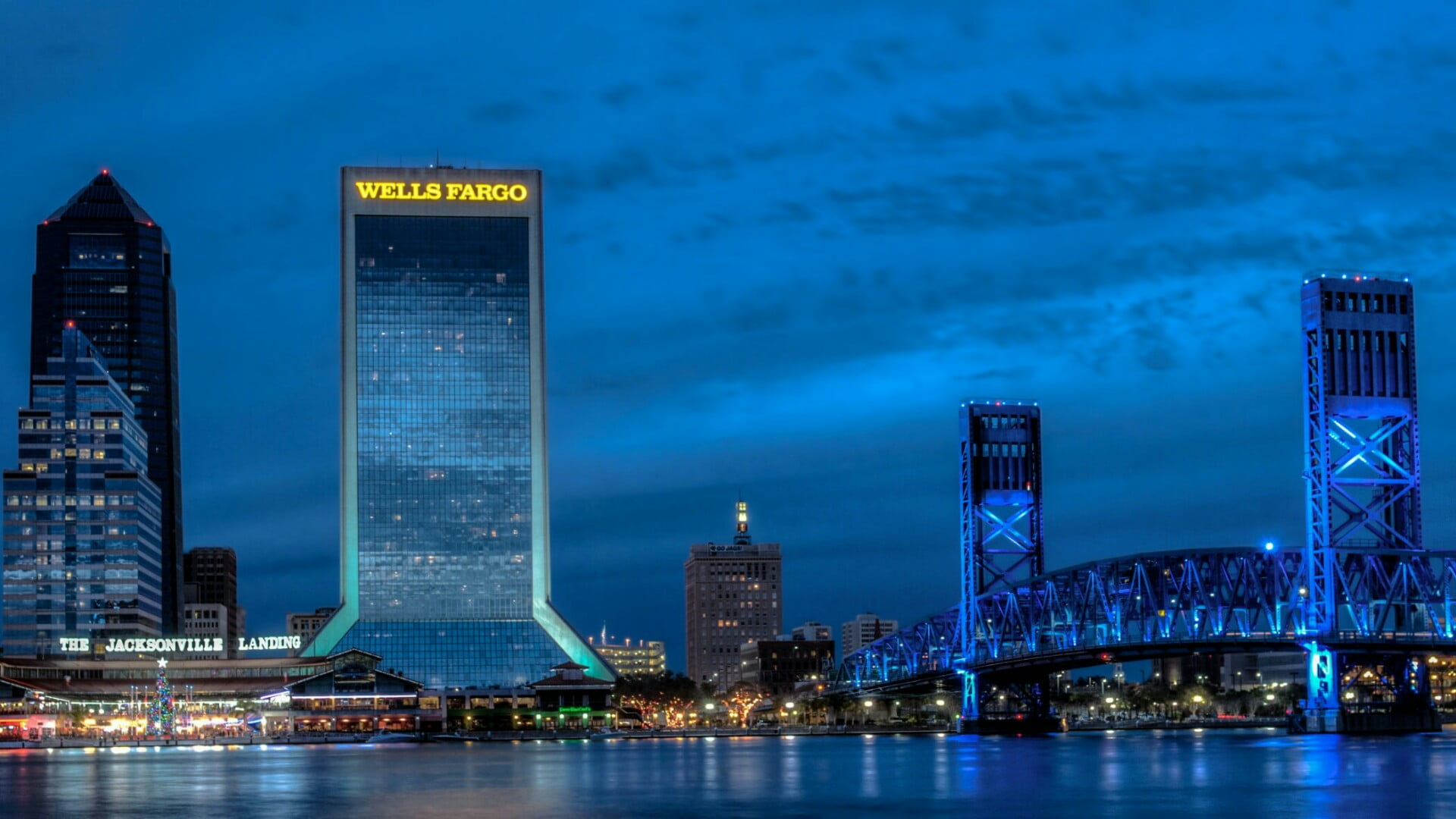 travel destinations, florida, tall - high, night, skyscraper, building, modern, sky, 1080P, main street bridge, landmark, city, outdoors, cityscape, bridge, HD Wallpaper