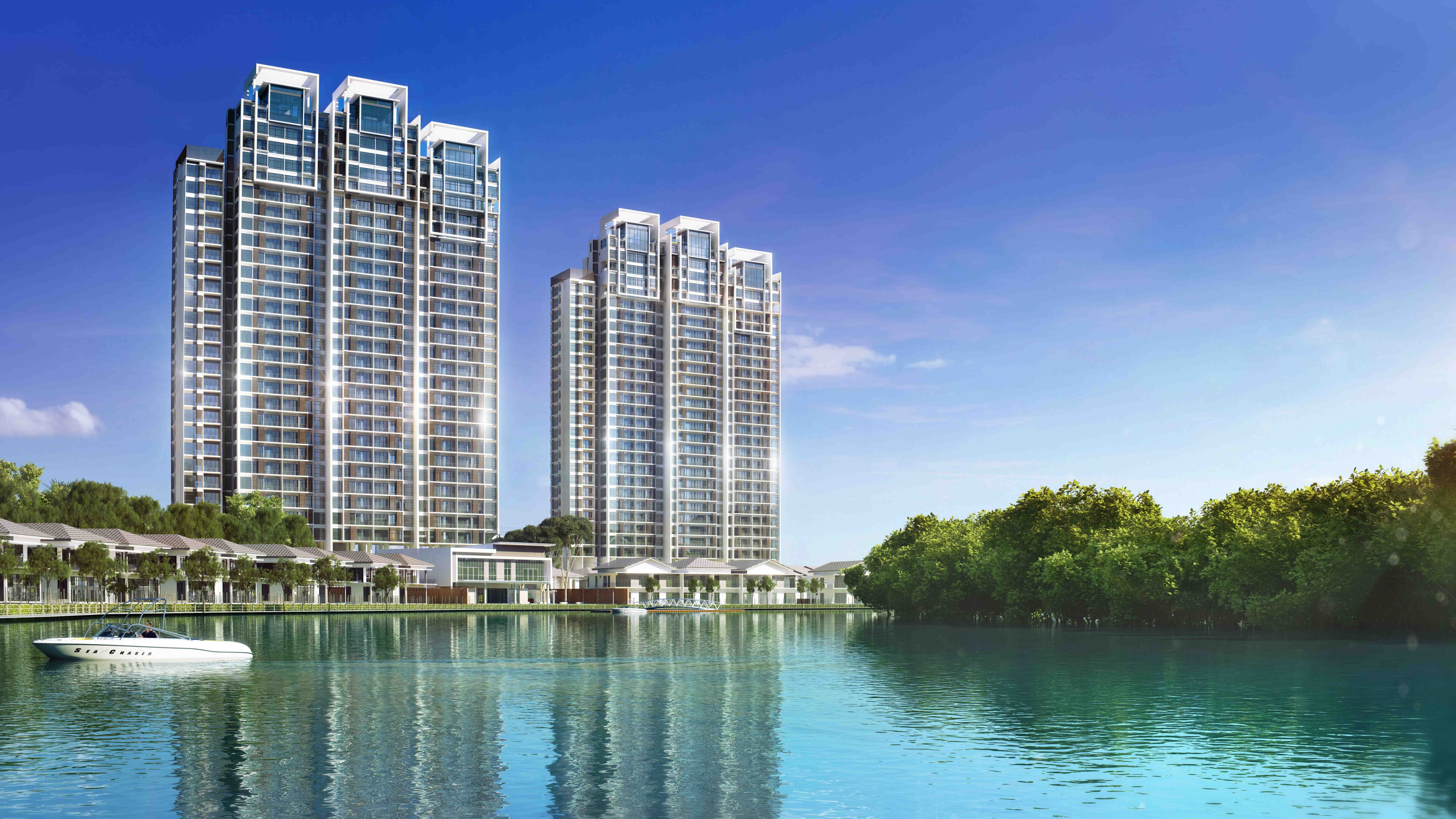 no people, city, water edge, apartments, 8k uhd, reflection, plant, 8k, building, built structure, apartment, malaysia, lake, water, 8K, modern, residential district, HD Wallpaper