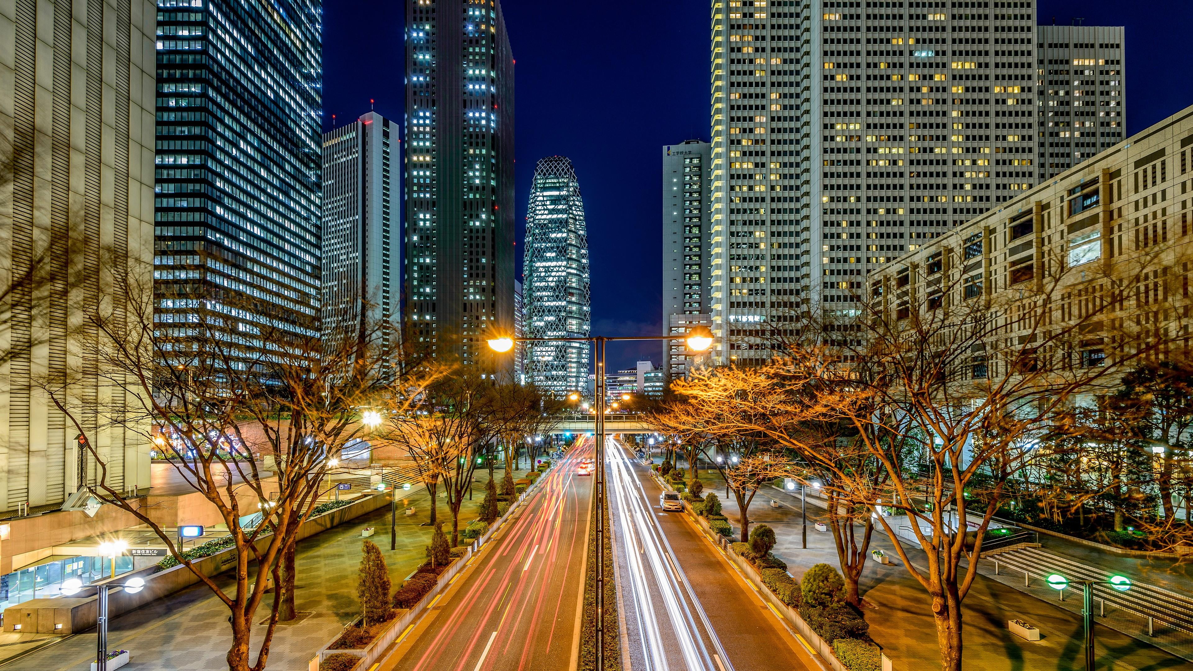 asia, light trail, japan, city, tokyo, architecture, mode gakuen cocoon tower, financial district, street, city lights, tall - high, long exposure photography, HD Wallpaper