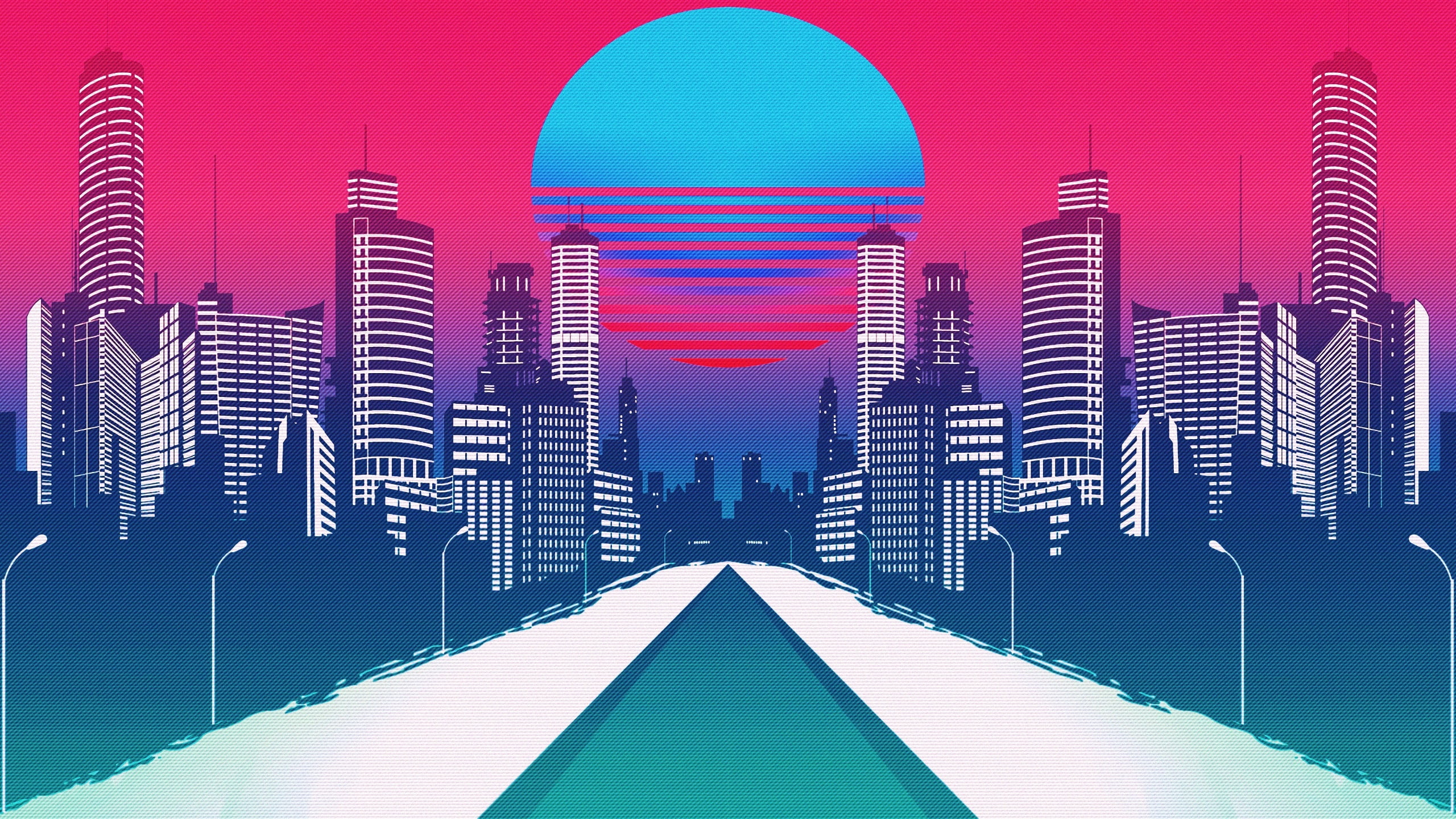 city, digital art, Retrowave, neon, synthwave, cityscape, 2K, HD Wallpaper
