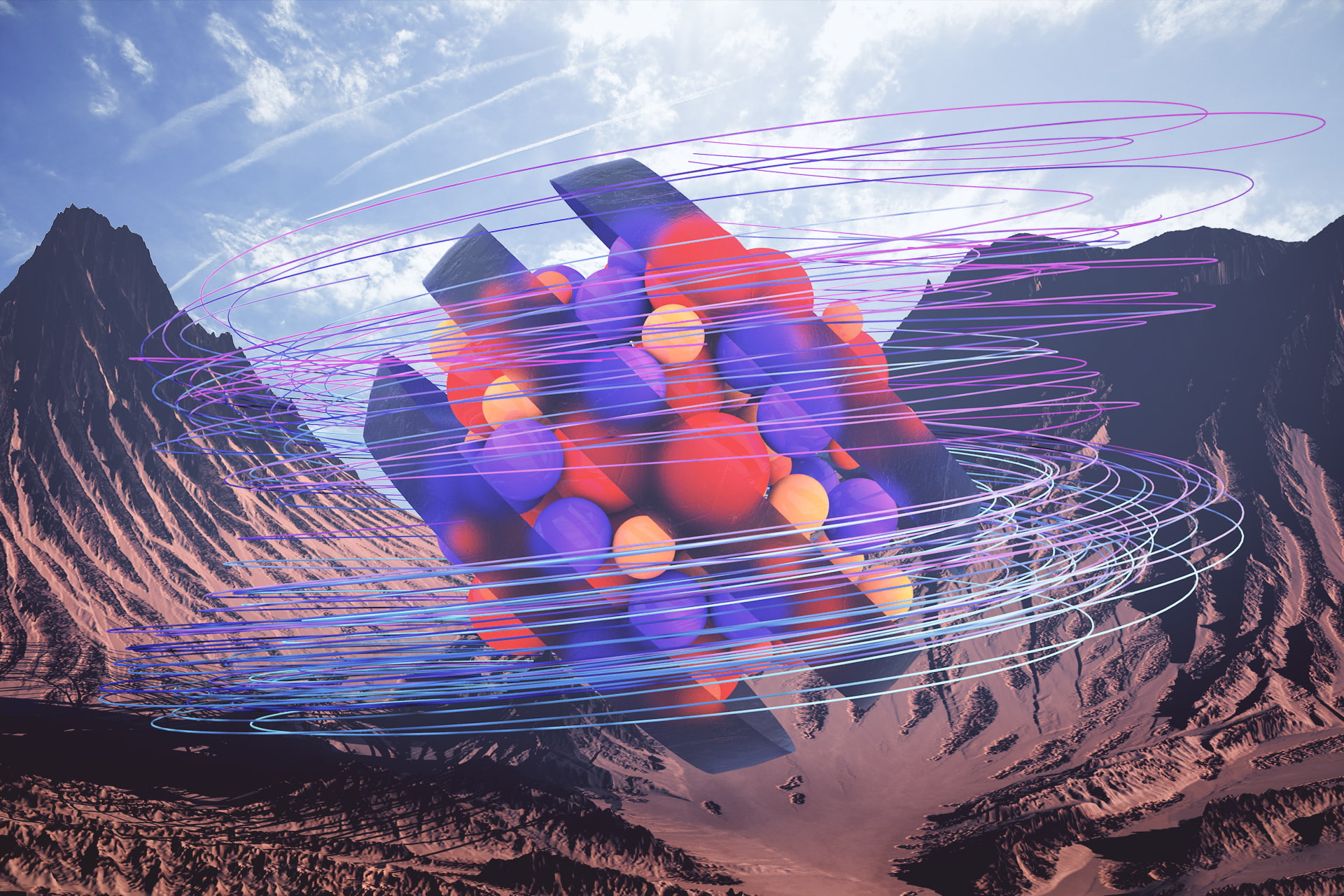 leisure activity, sphere, 1080P, 3D, mountains, landscape, rear view, abstract, motion, outdoors, inflatable, cloud - sky, multi colored, speed, blurred motion, HD Wallpaper