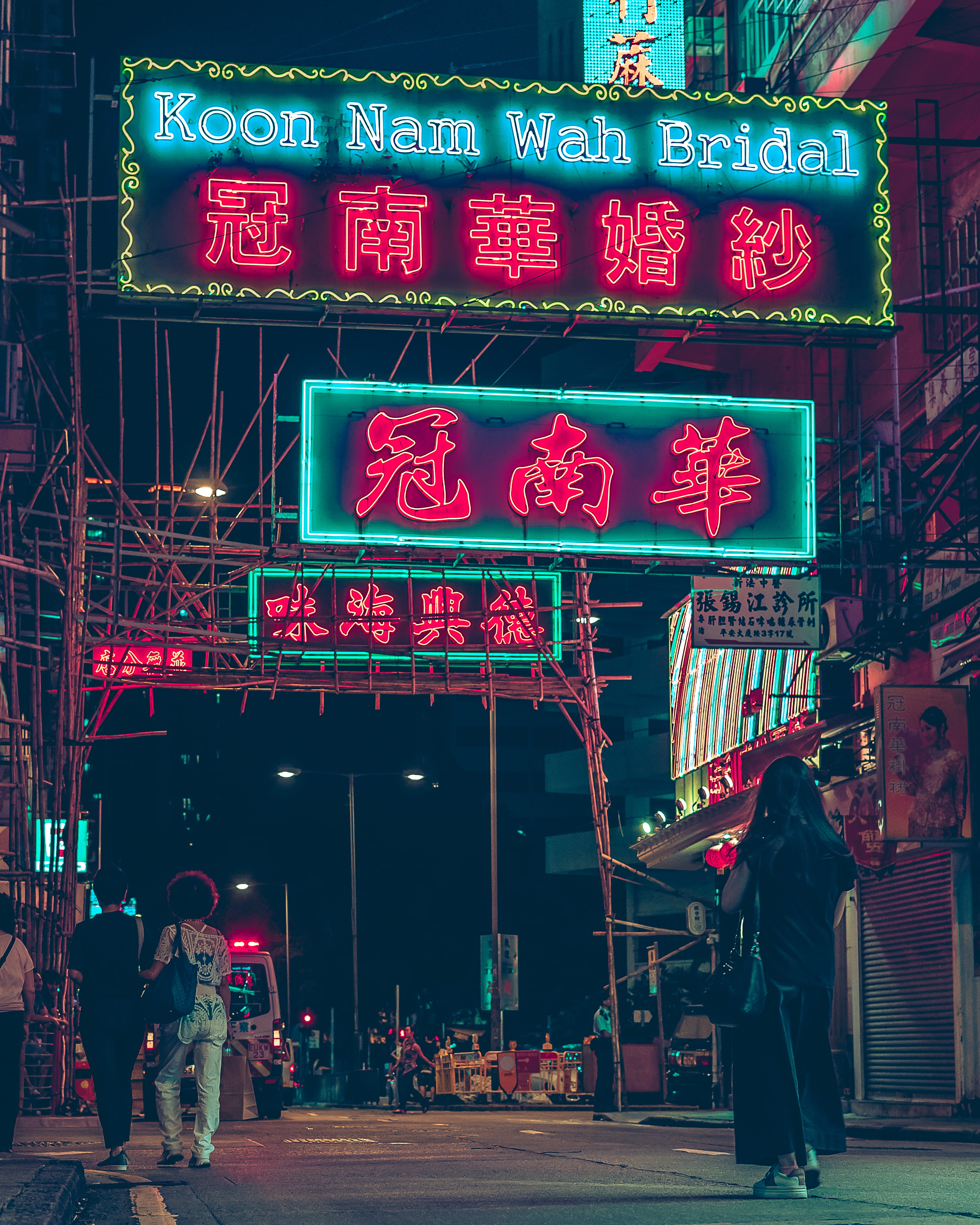 bridal, building exterior, metal, architecture, person, road, women, illuminated, text, 4K, signage, frame, night, construction, asia, street, building, Phone HD Wallpaper