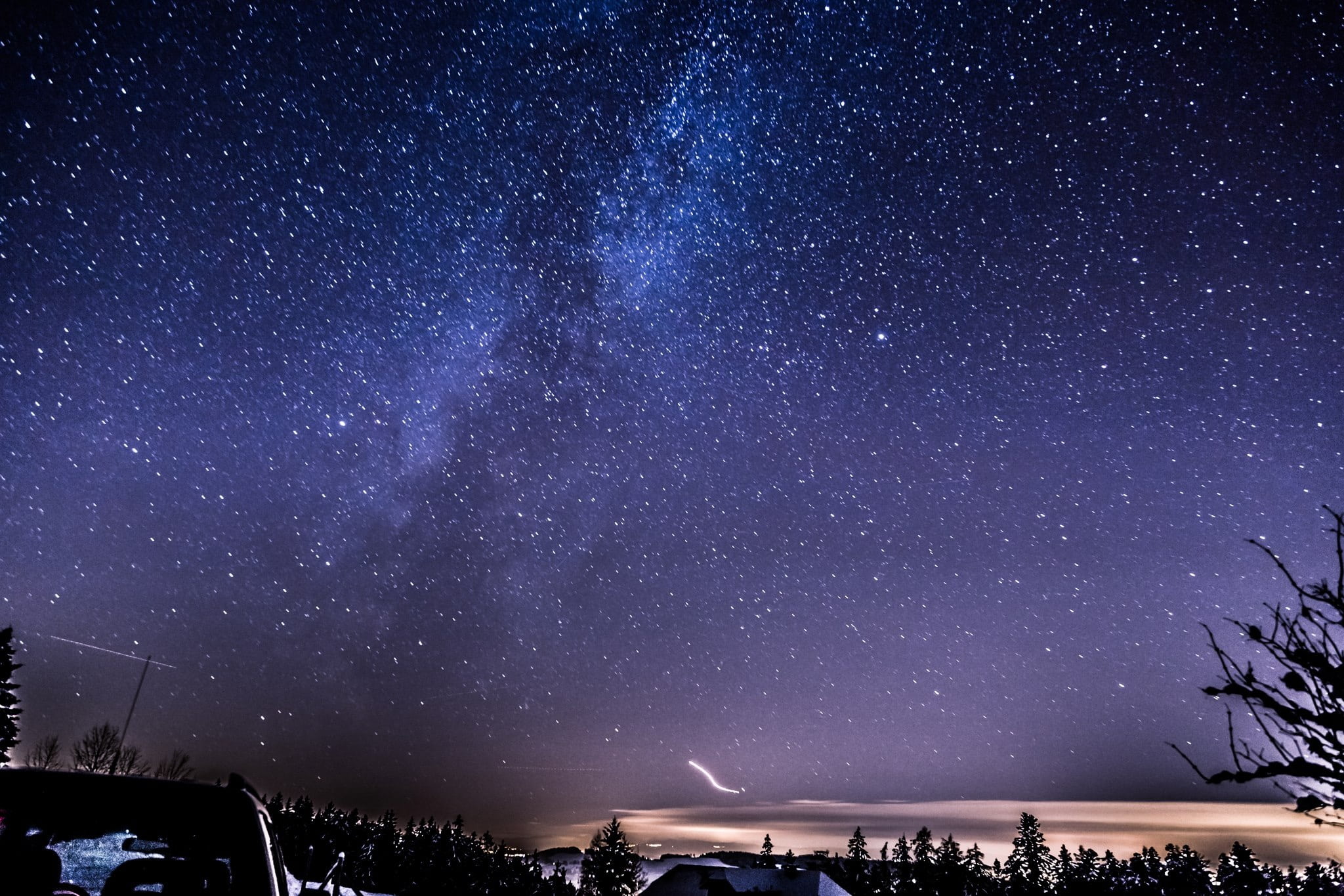 outdoors, snow, romantic, conifers, nebula, star, lights, light drawing, atmosphere, city, evening, low angle view, snow landscape, blue, star - Space, HD Wallpaper