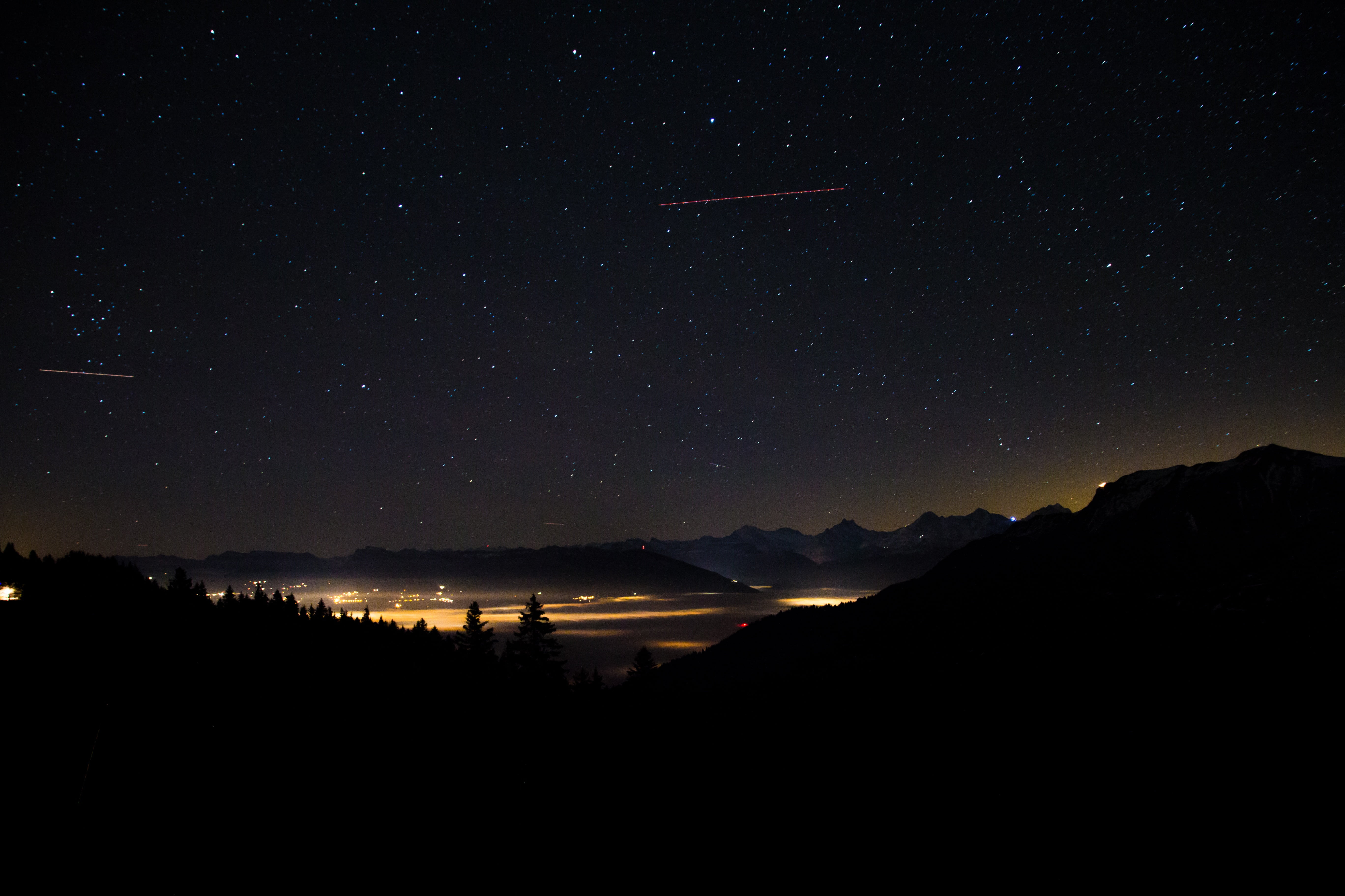 sky, mountain range, universe, star - Space, silhouette, untitled, gurnigel, 5K, nature, switzerland, night, beauty in nature, star field, tranquil scene, HD Wallpaper
