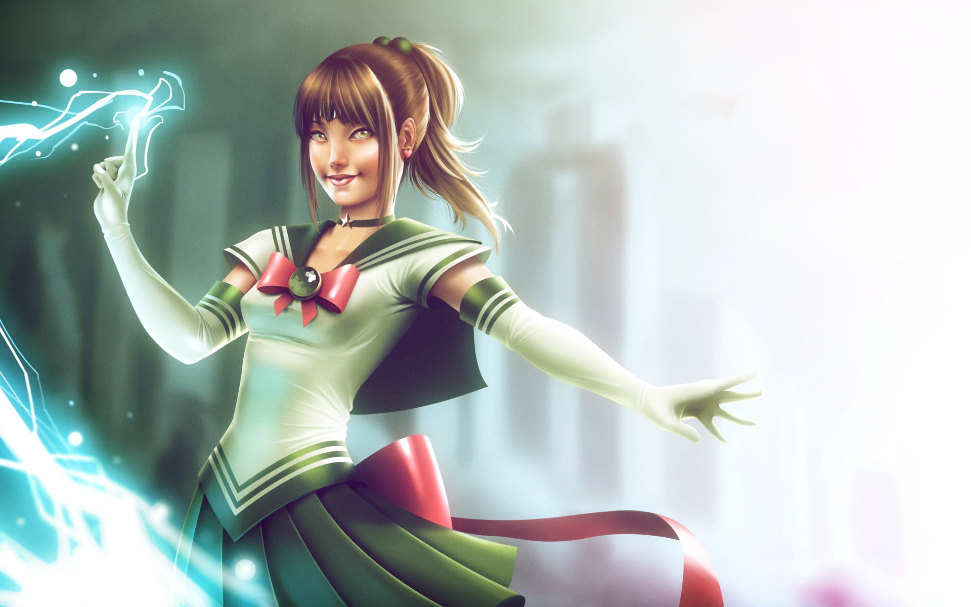 beautiful woman, beauty, smiling, young adult, adult, 1080P, dress, lifestyles, standing, Sailor Jupiter, women, hairstyle, young women, emotion, green, HD Wallpaper
