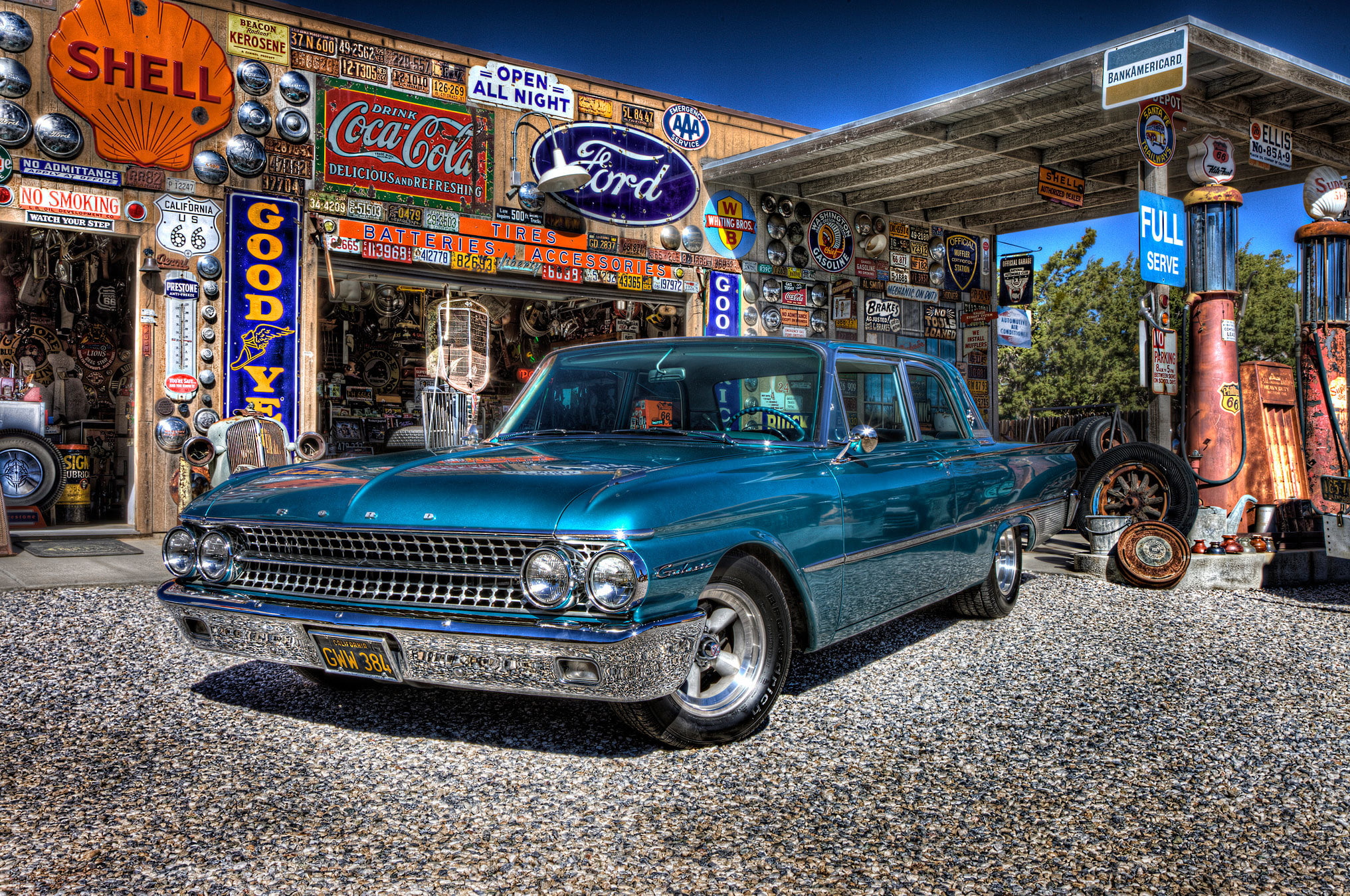 service, 1080P, 1961, Galaxie, dressing, gas station, classic, retro, car, Ford, HD Wallpaper