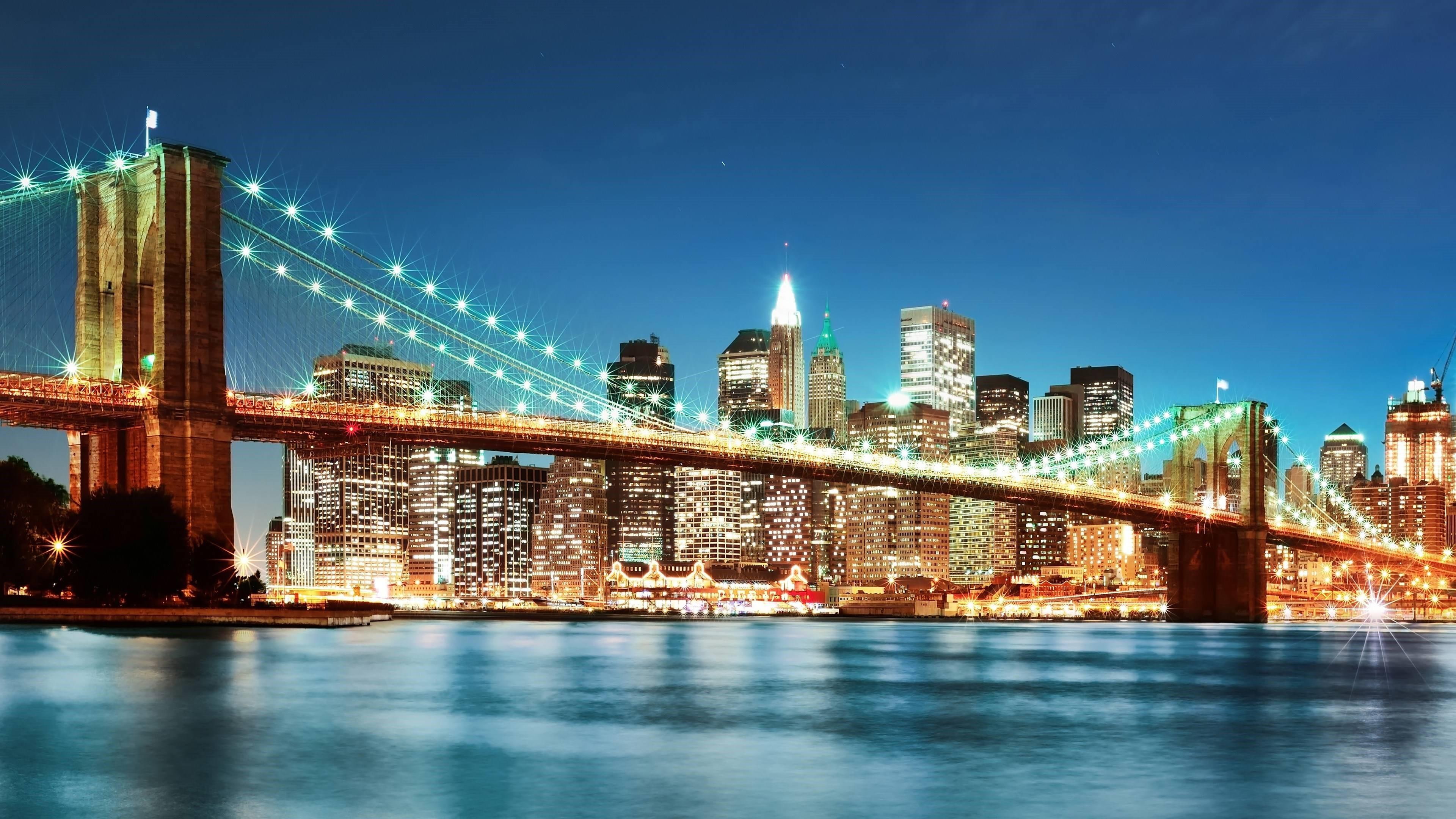 night, skyscrapers, city lights, manhattan, bridge, night city, united states, usa, lights, 4K, brooklyn bridge, new york city, HD Wallpaper