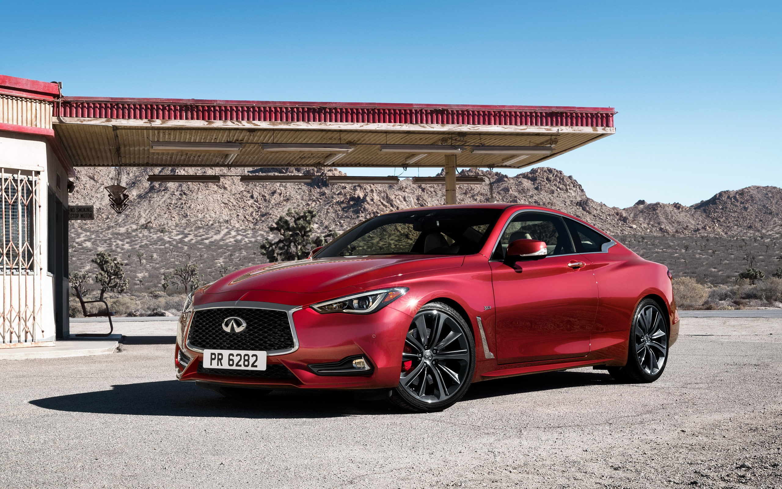 land vehicle, day, outdoors, Infiniti Q60, architecture, clear sky, gas stations, built structure, transportation, red, 2K, sunlight, shadow, sky, no people, HD Wallpaper