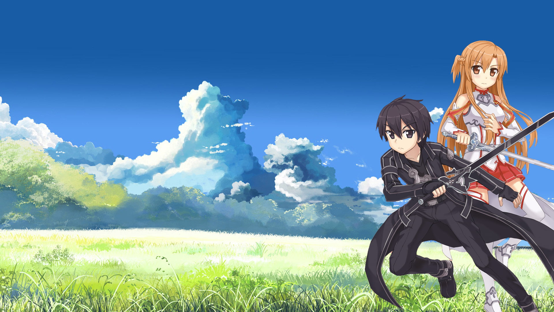 field, two, blue, day, sky, people, grass, real people, Kirigaya Kazuto, plant, sunglasses, representation, land, human representation, outdoors, anime, HD Wallpaper