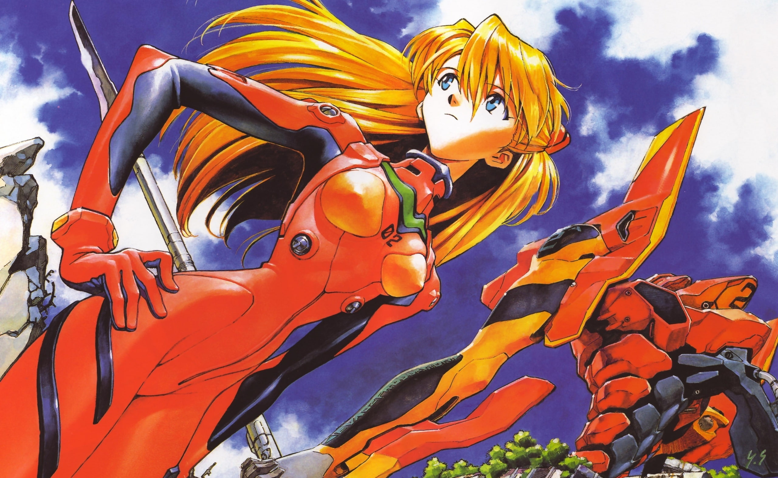 female, orange color, sculpture, male likeness, Evangelion, representation, Langley, 2K, day, low angle view, cloud - sky, art and craft, belief, craft, HD Wallpaper