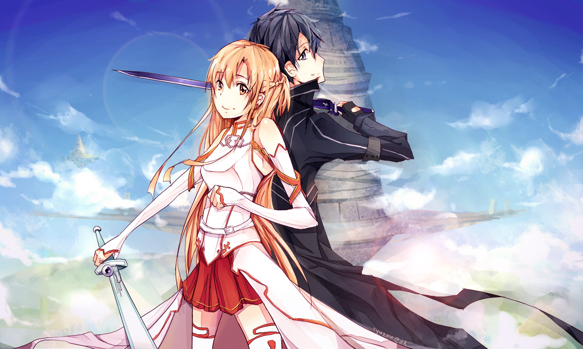 young women, three quarter length, people, male, Kirito (Sword Art Online), togetherness, illustration, 1080P, two people, men, nature, female, swords, HD Wallpaper