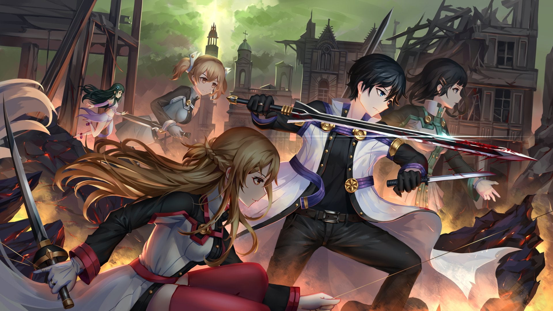 women, Kirito (Sword Art Online), musician, Sword Art Online, playing, string instrument, Asuna Yuuki, Yui (Sword Art Online), group of people, Silica (Sword Art Online), HD Wallpaper