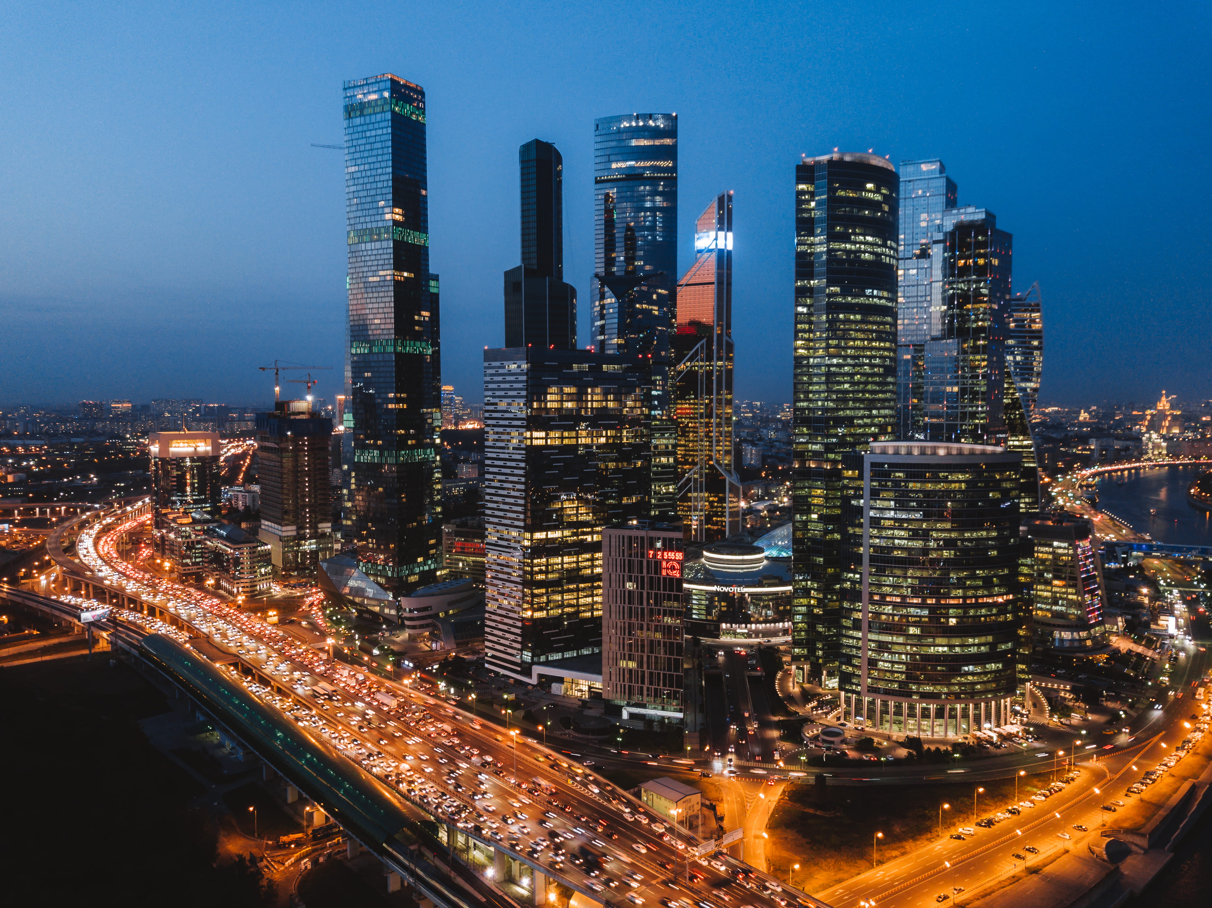 building, rise, urban, financial District, highway, architecture, road, blue, pro, twilight, lights, tower, downtown District, city, office Building, tall - High, HD Wallpaper