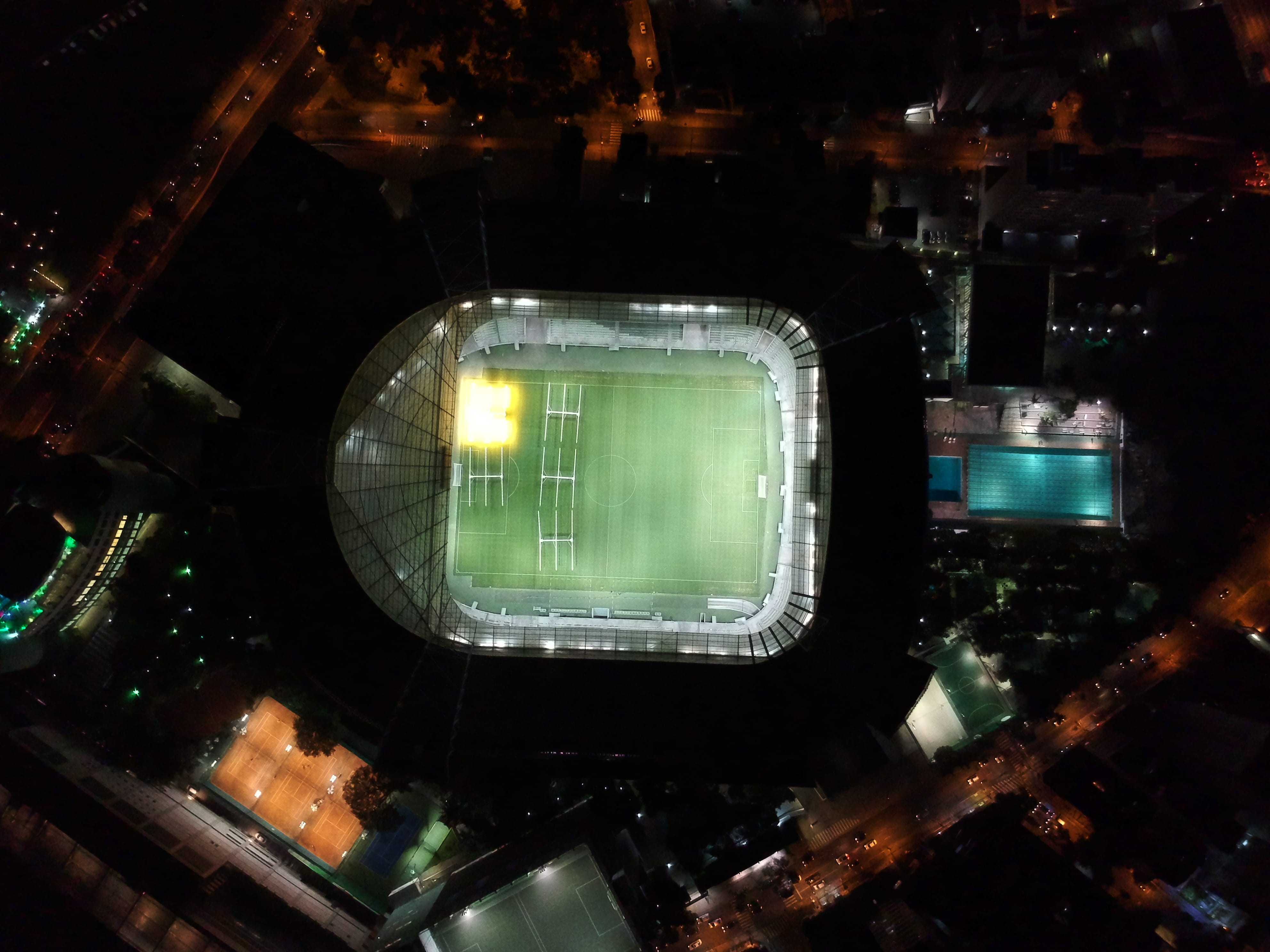 electric Lamp, stadium, illuminated, view, looking down, aerial view, neon Light, night, city Life, drone view, modern, backgrounds, street, traffic, eye, HD Wallpaper