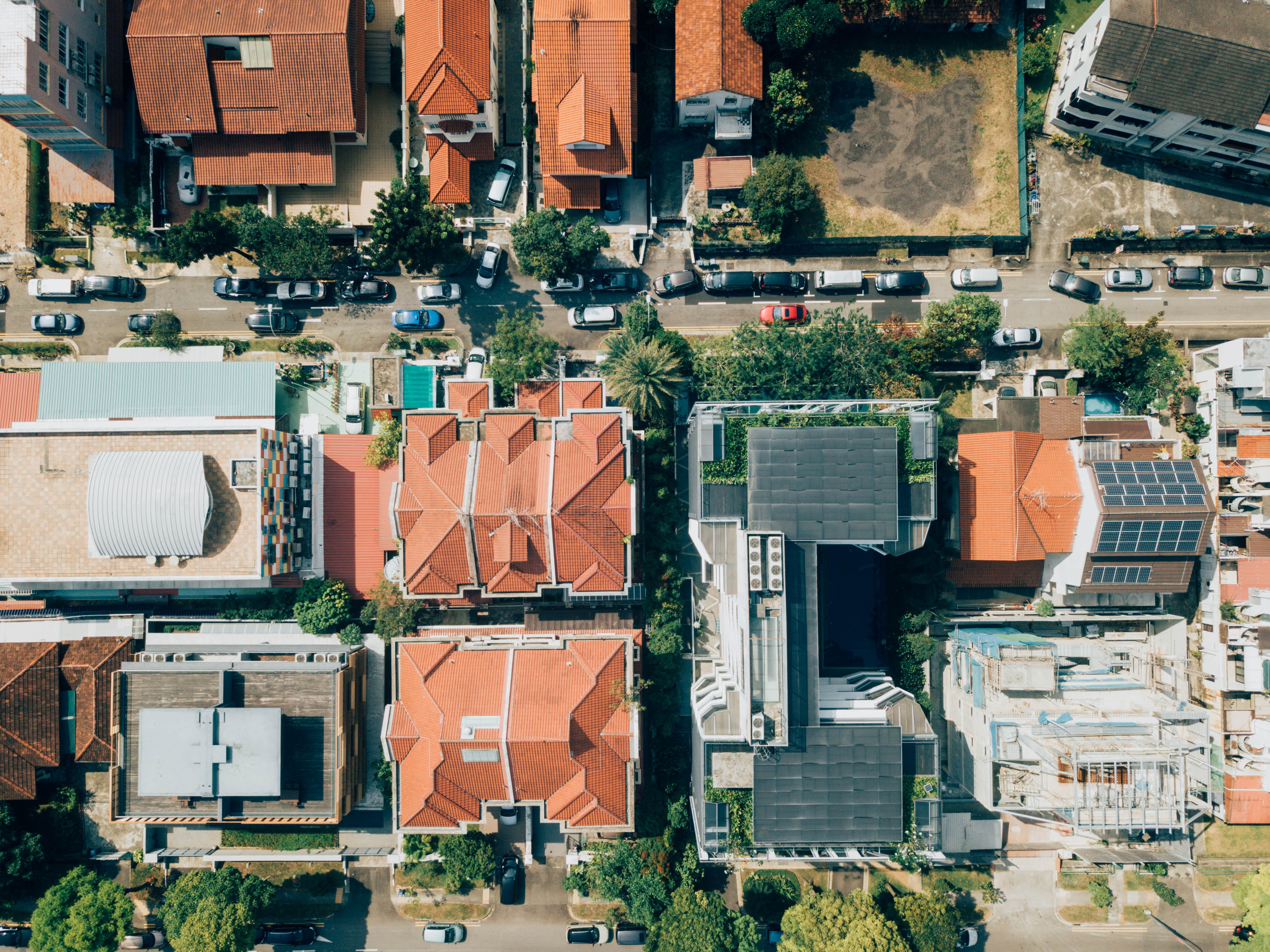 urban, building exterior, car, looking down, photography, brown, architecture, orange, transportation, 4K, grey, no people, building, orange color, road, HD Wallpaper