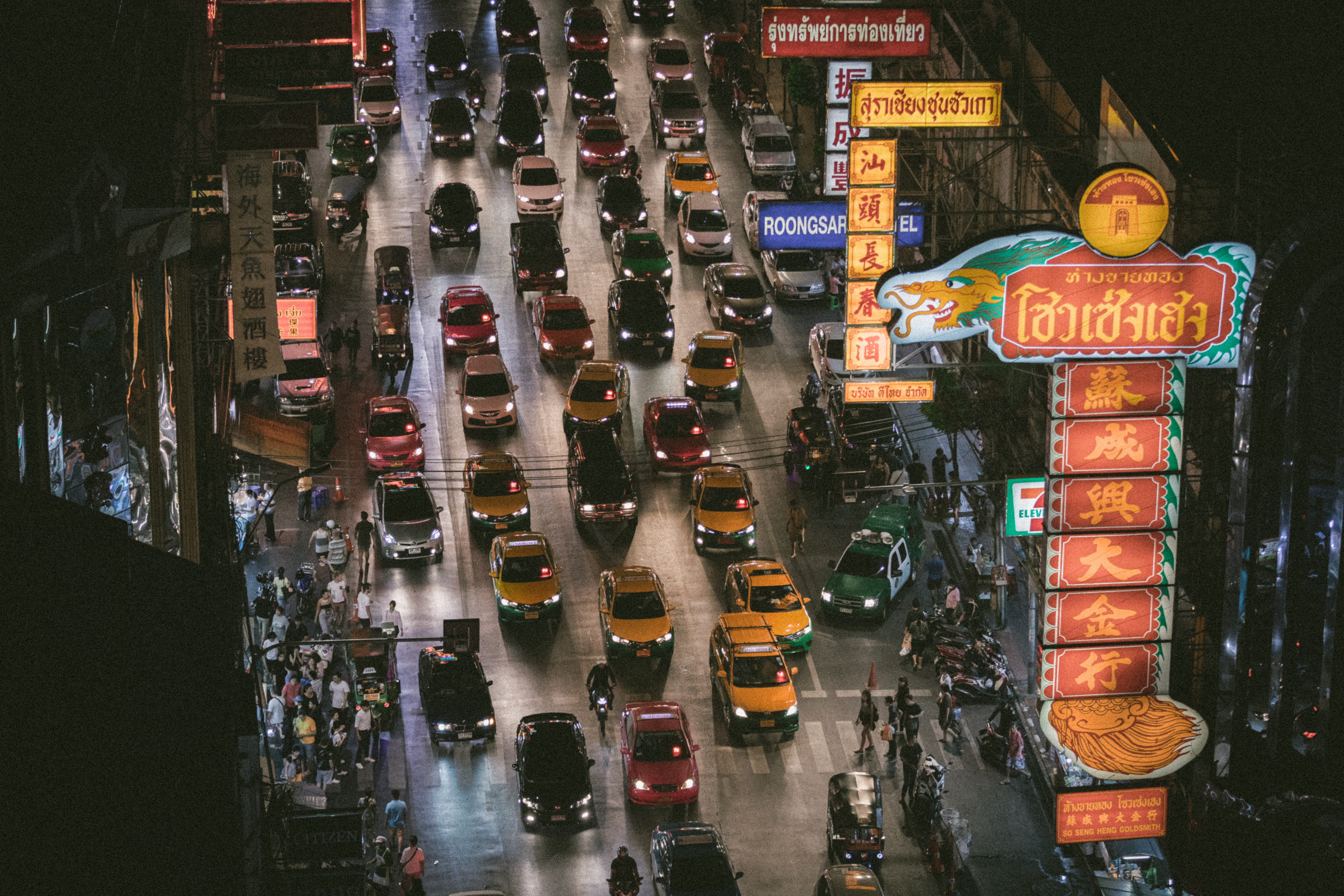 thailand, built structure, road, car, illuminated, text, high, sign, city street, night, transport, high angle view, transportation, chinatown, view, architecture, HD Wallpaper