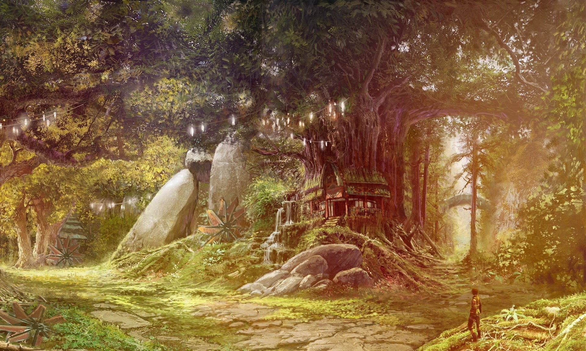 house, trunk, artwork, representation, outdoors, beauty in nature, plant, no people, animal, tree, rock - object, painting, land, brown, 1080P, forest, HD Wallpaper