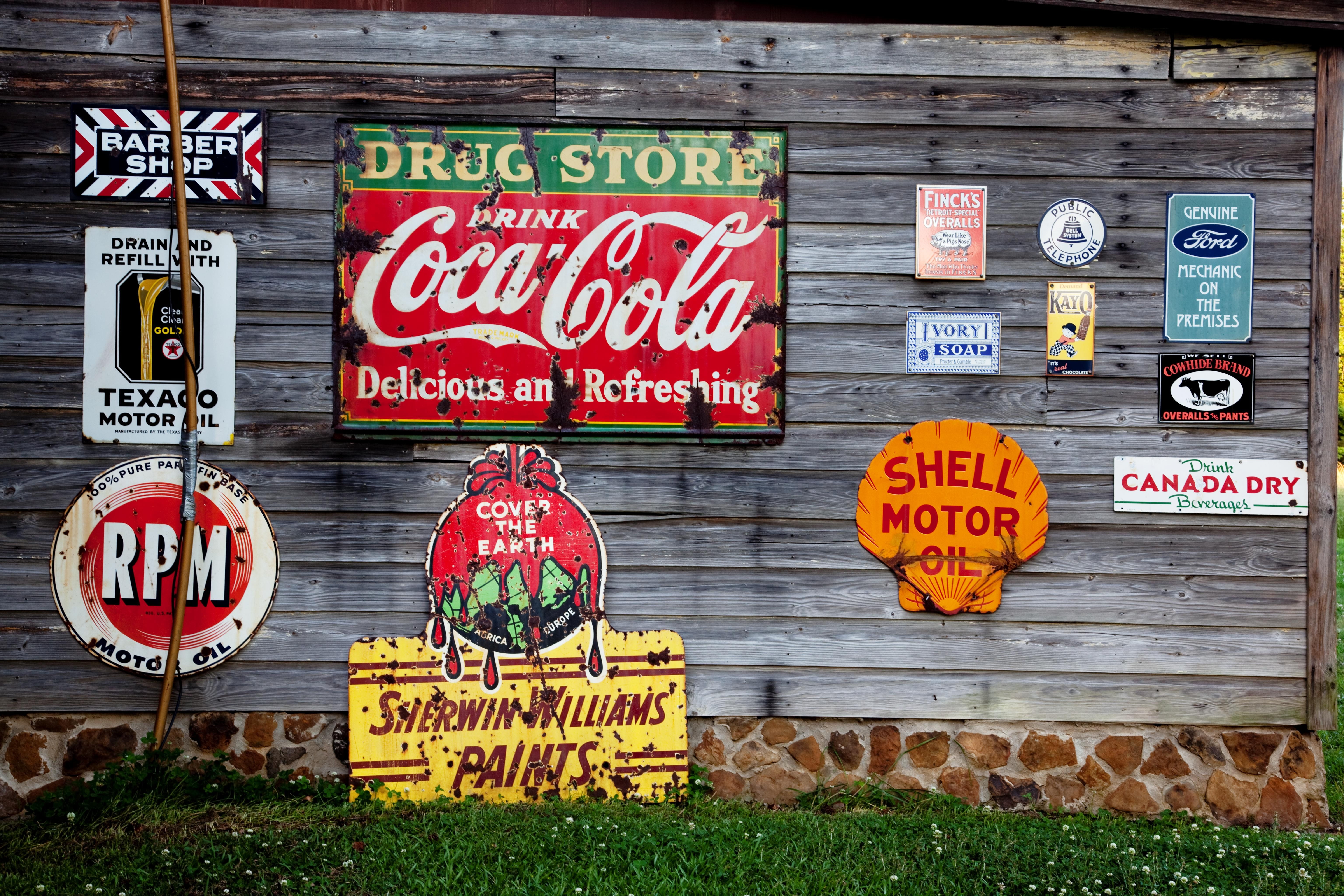 usa, vintage, shell, canada dry, travel destinations, carol m highsmith, coca-cola, north america, wooden wall, sign, 5K, assorted, advertising medium, HD Wallpaper