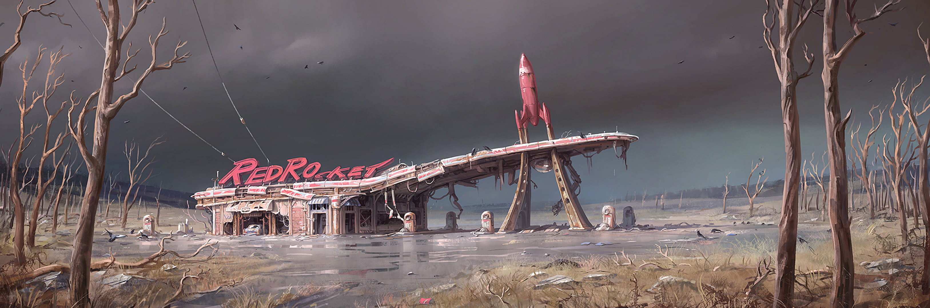 day, art, gas station, building, Heath, cold temperature, history, water, trees, tree, sky, Fallout 4, winter, red, postapocalypse, wood - material, Bethesda, HD Wallpaper