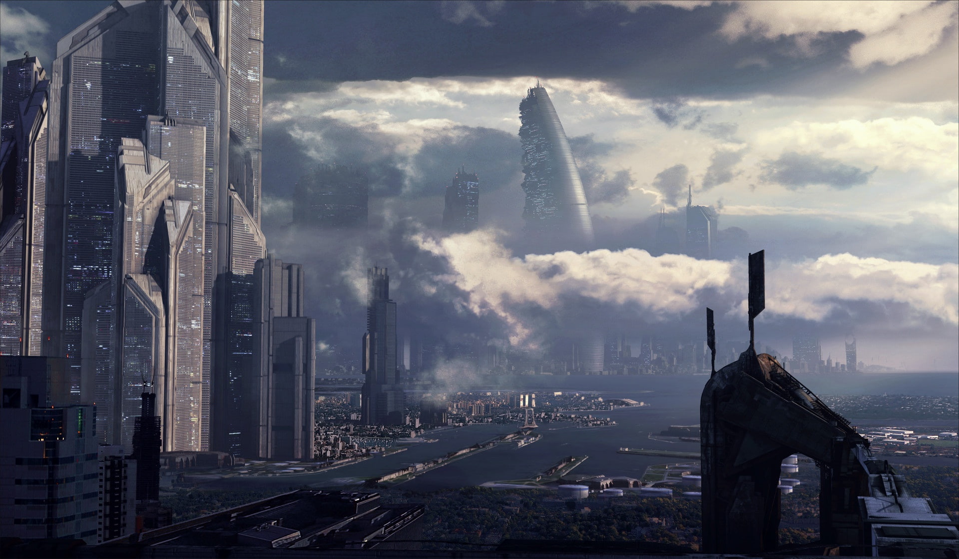1080P, cityscape, futuristic city, Jakub Grygier, futuristic, science fiction, digital art, HD Wallpaper