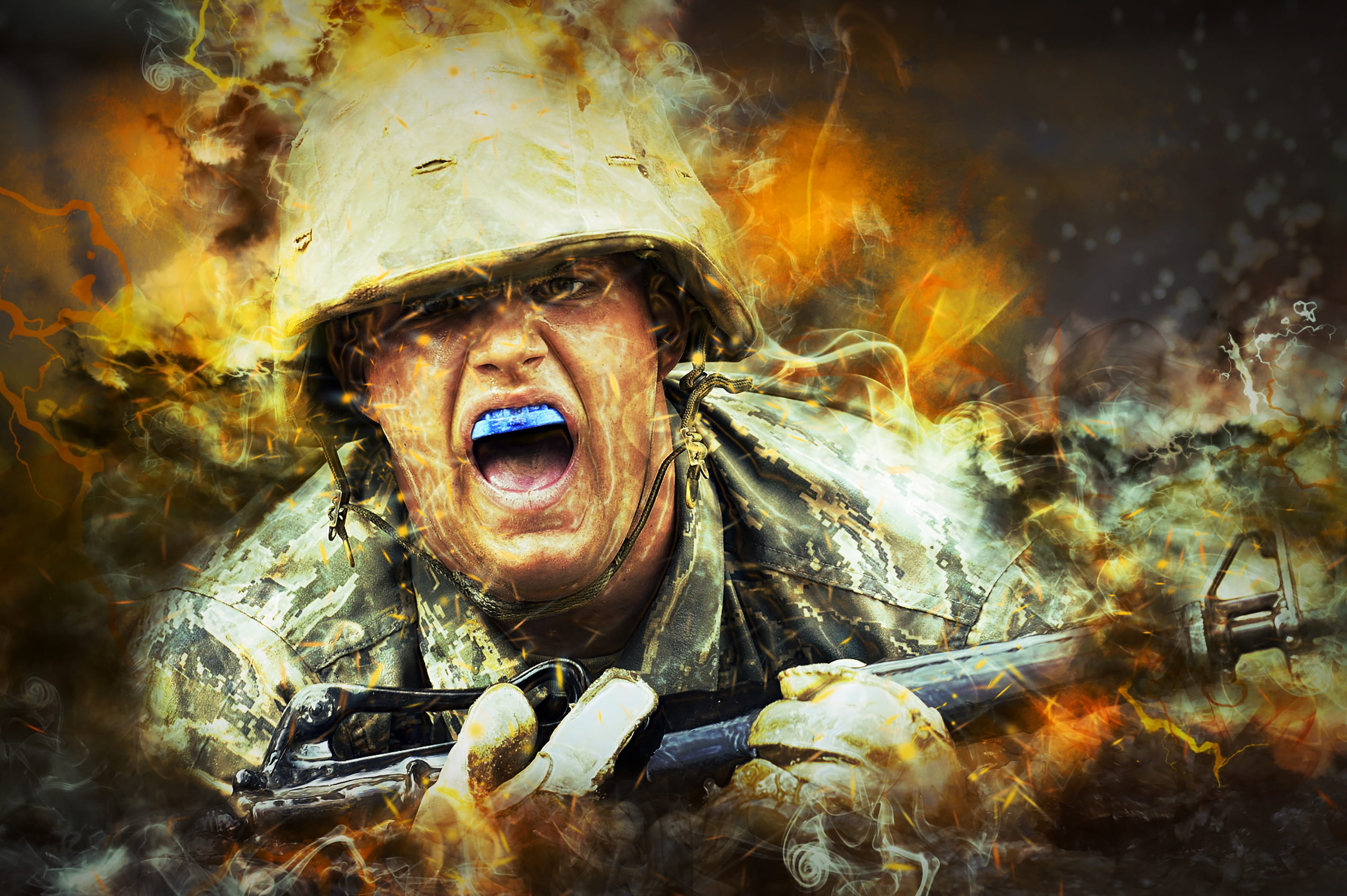 one person, smoke, soldier, rifle, portrait, man, human face, fire, close-up, fear, scream, fire - natural phenomenon, evil, military, tough, flame, spooky, HD Wallpaper