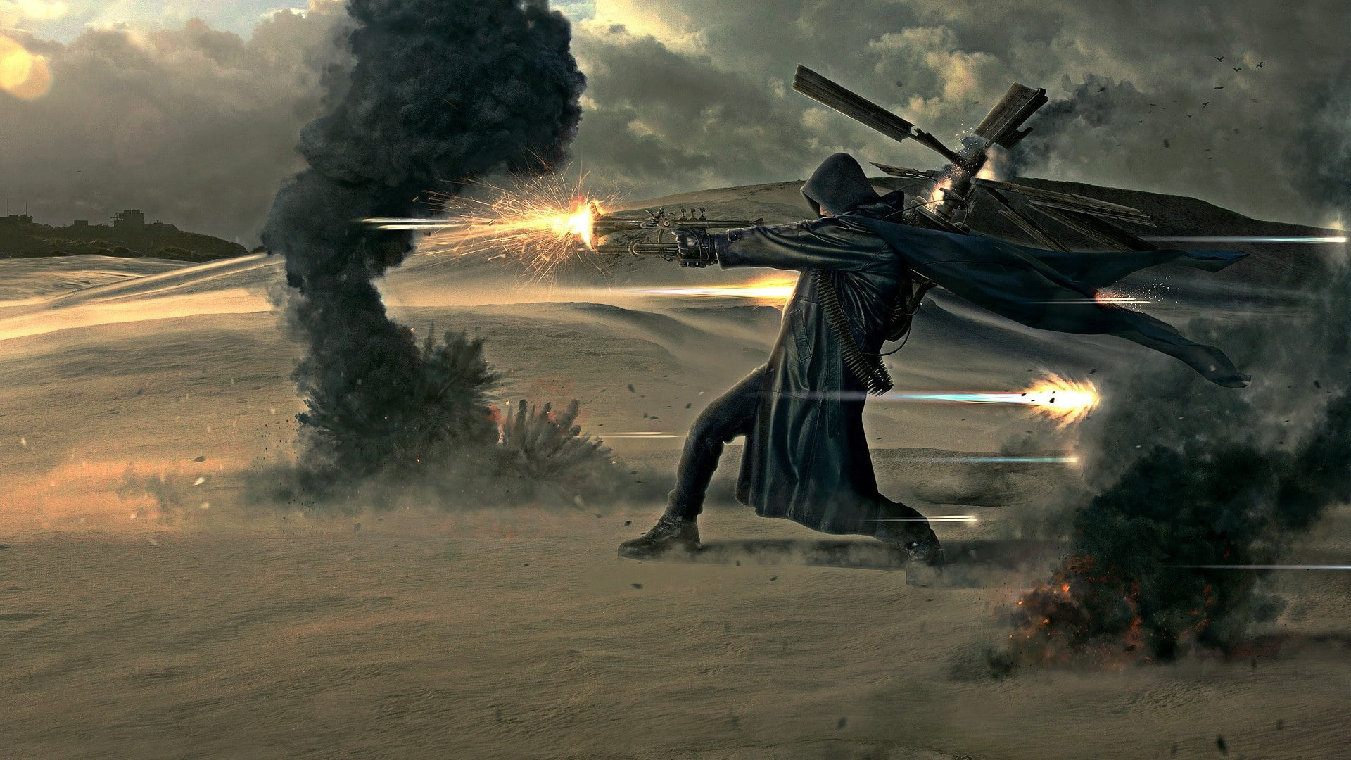 hd, cape, deserts, Guns, sciencefiction, Sand, men, art, steampunk, 1080P, x, nature, ammunition, desert, HD Wallpaper
