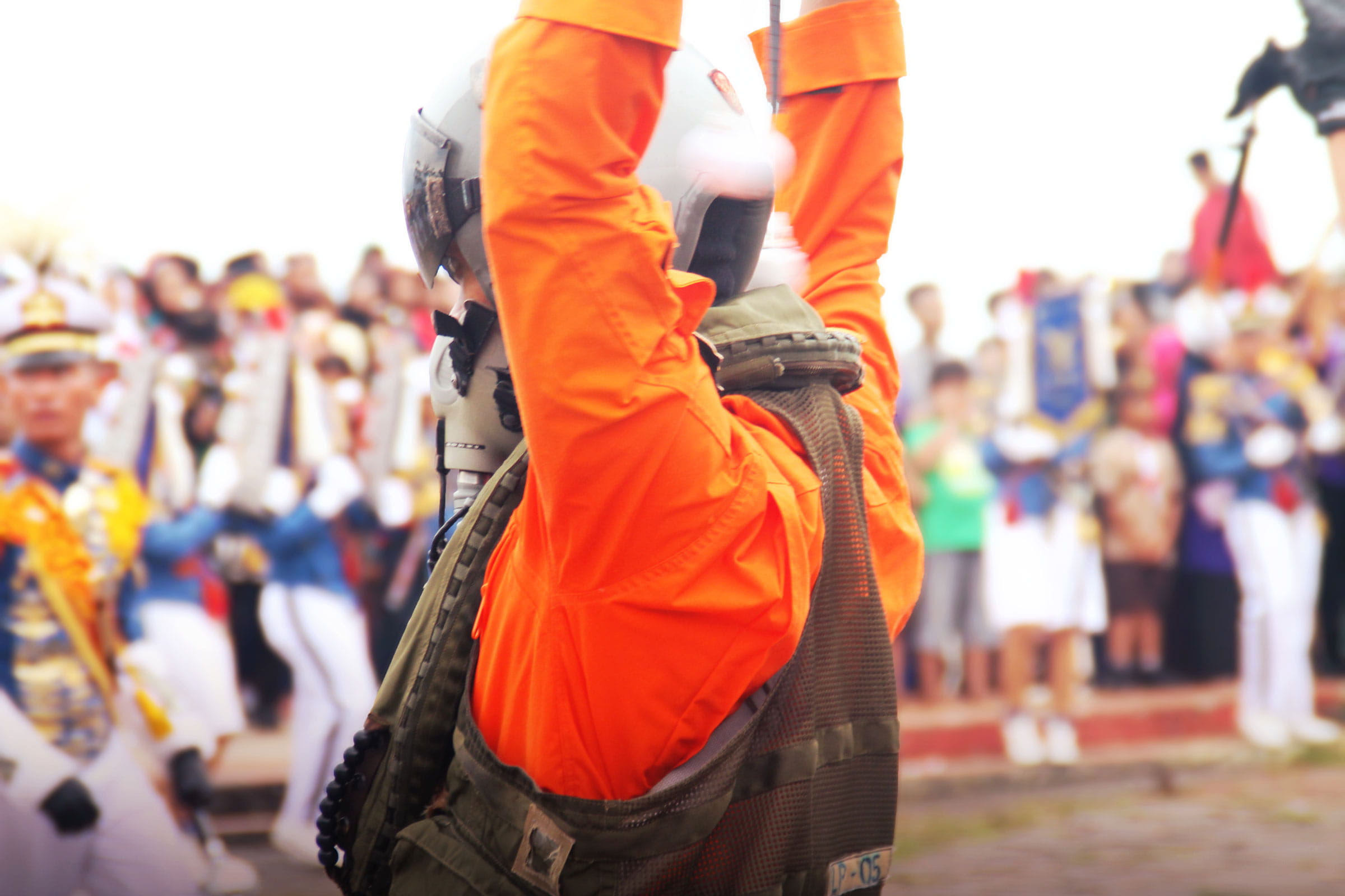 three quarter length, real people, crowd, band, pilot, orange color, indonesia, clothing, standing, traditional clothing, airforce, drum, large group of people, HD Wallpaper