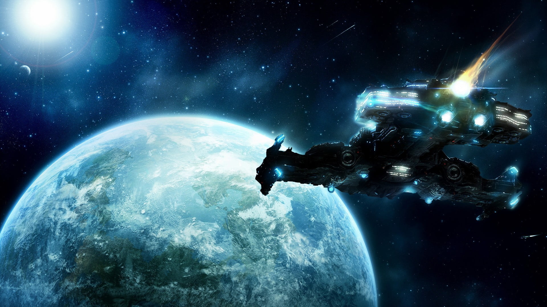 men, digital composite, one person, sky, yamato, Starcraft II, night, beauty in nature, space, water, 1080P, spaceship, digital art, outdoors, HD Wallpaper