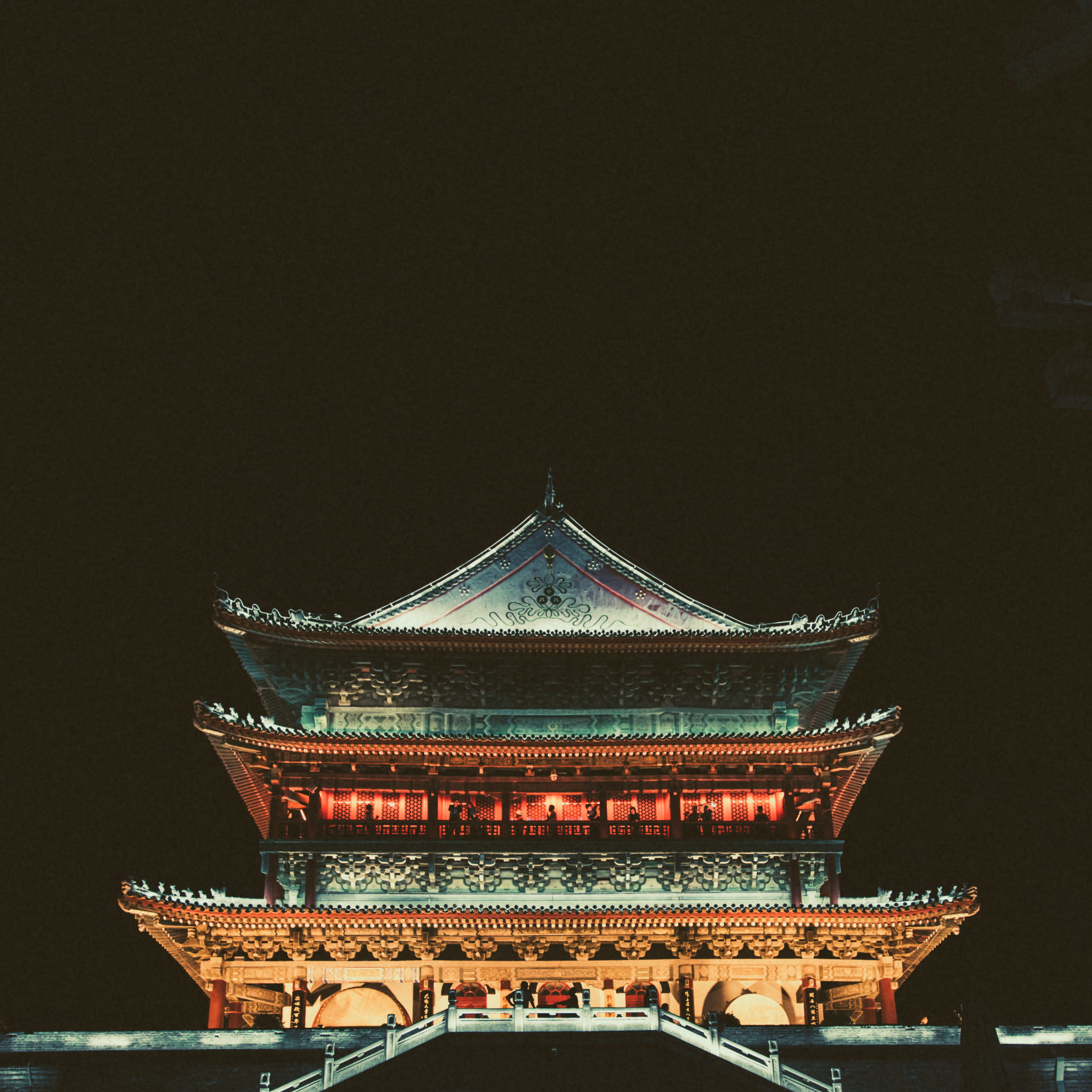 ornate, taoism, glow, belief, built structure, pagoda, architecture, religion, the past, light, buddha, place of worship, dark, night, roof, 2K, xian, Phone HD Wallpaper