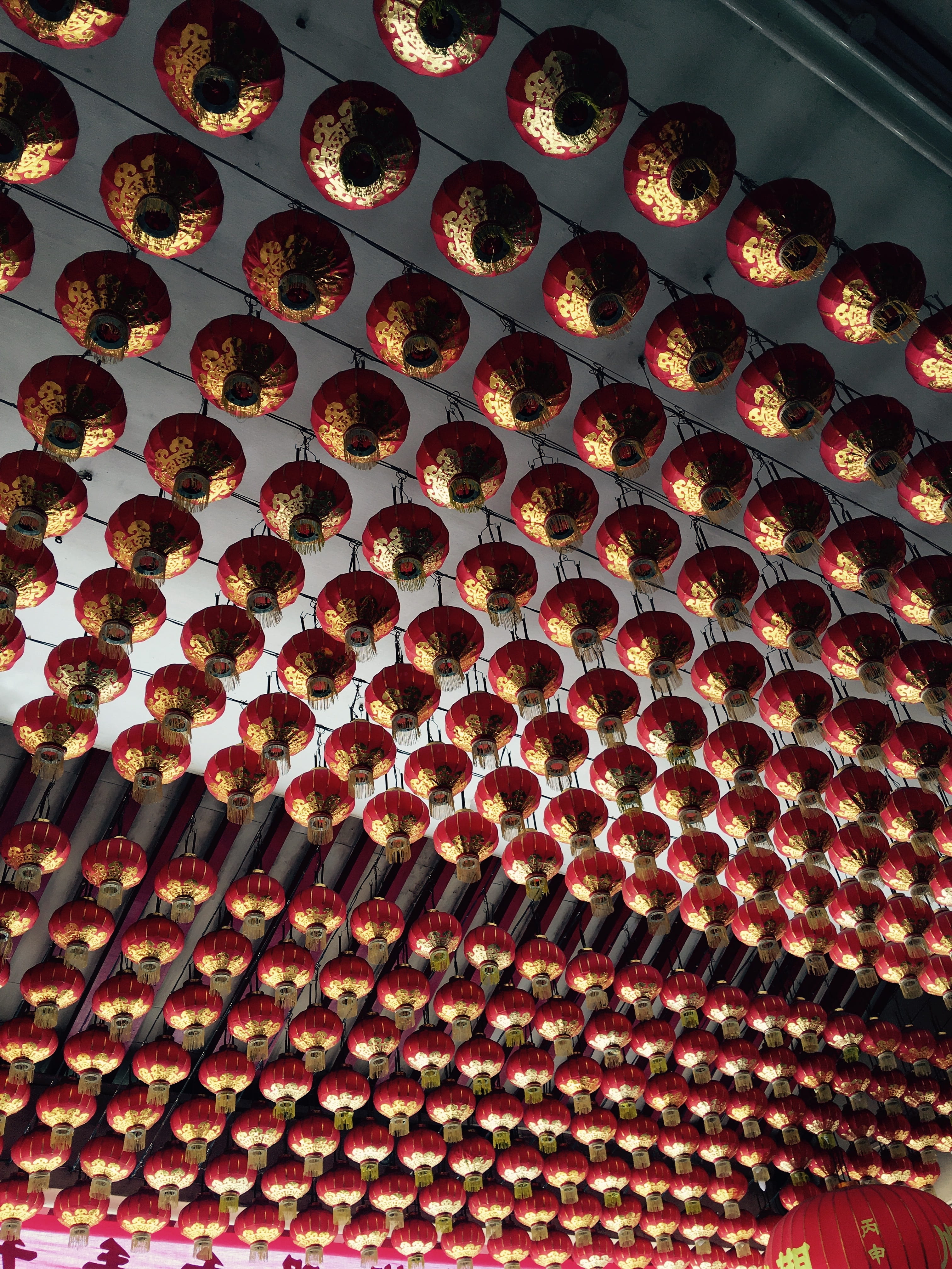 low angle view, lantern, lights, decoration, 4K, abundance, day, full frame, arrangement, food and drink, no people, asia, singapore, red, in a row, buddhism, Phone HD Wallpaper