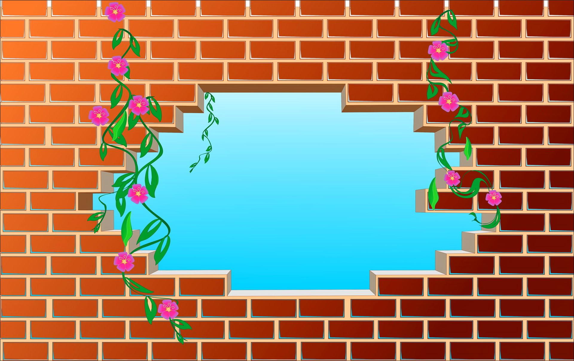 3d and abstract, 1080P, brick, flowers, brown, wall, graphic, beautiful, HD Wallpaper