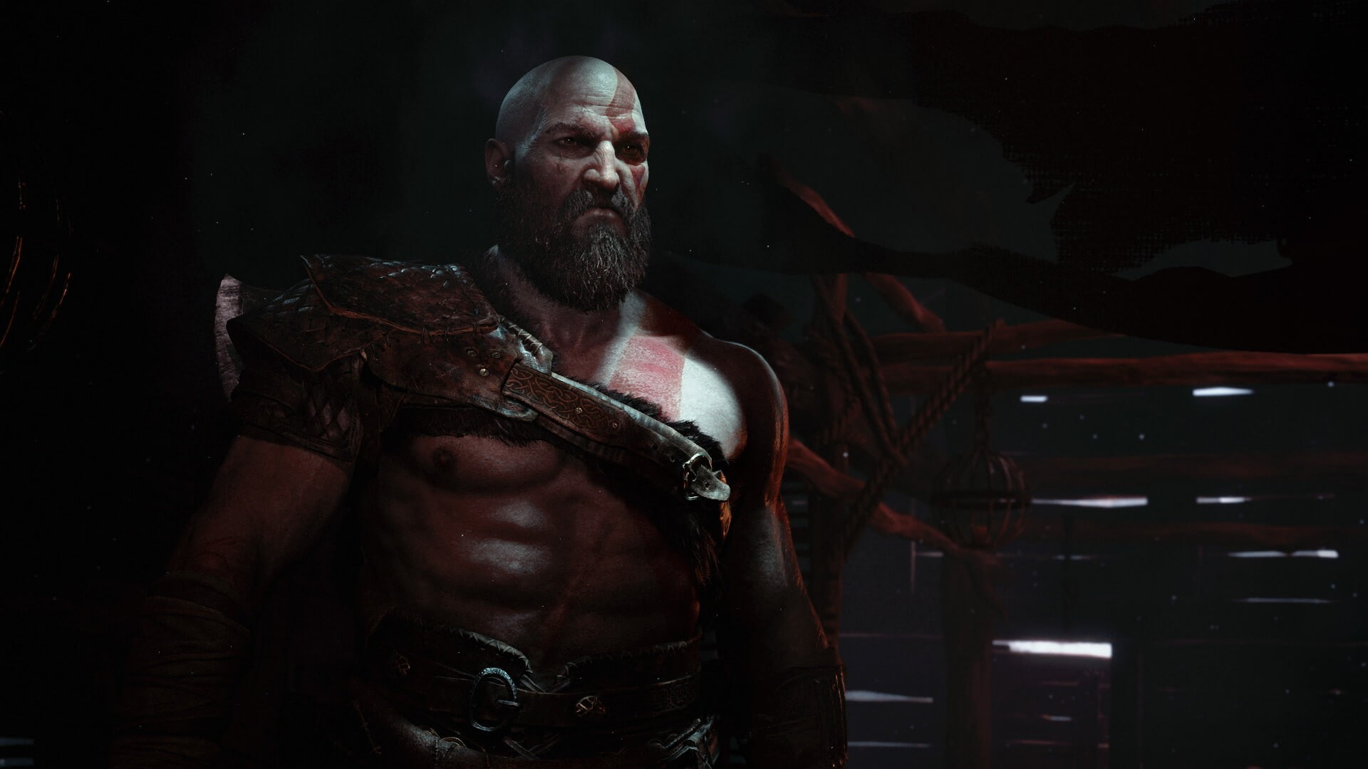 dark, mid adult, indoors, mature adult, kratos god god of war omega valhalla god of war 4, aggression, mature men, facial hair, black background, beard, HD Wallpaper