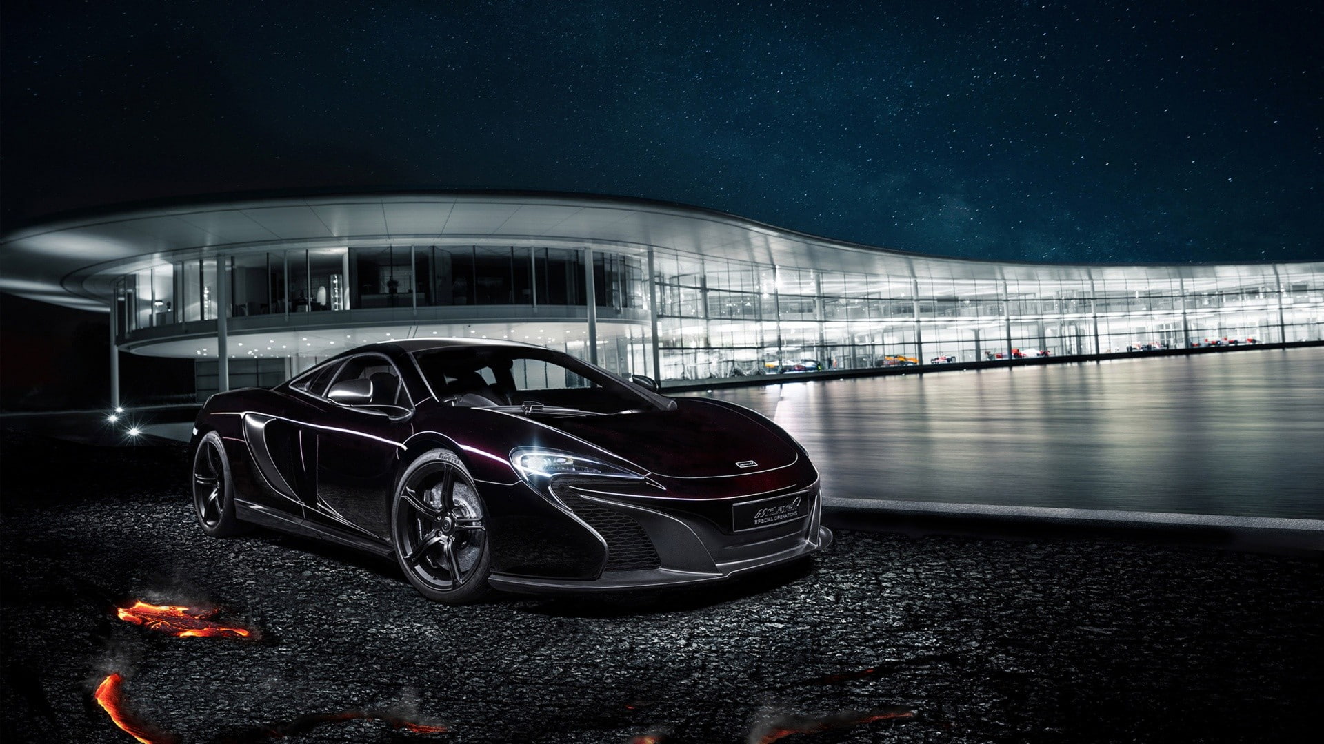 lights, brand, 1080P, buildings, speed, dark color, stars, famous brand, color, dark, cars, famous, vehicle, lake, HD Wallpaper