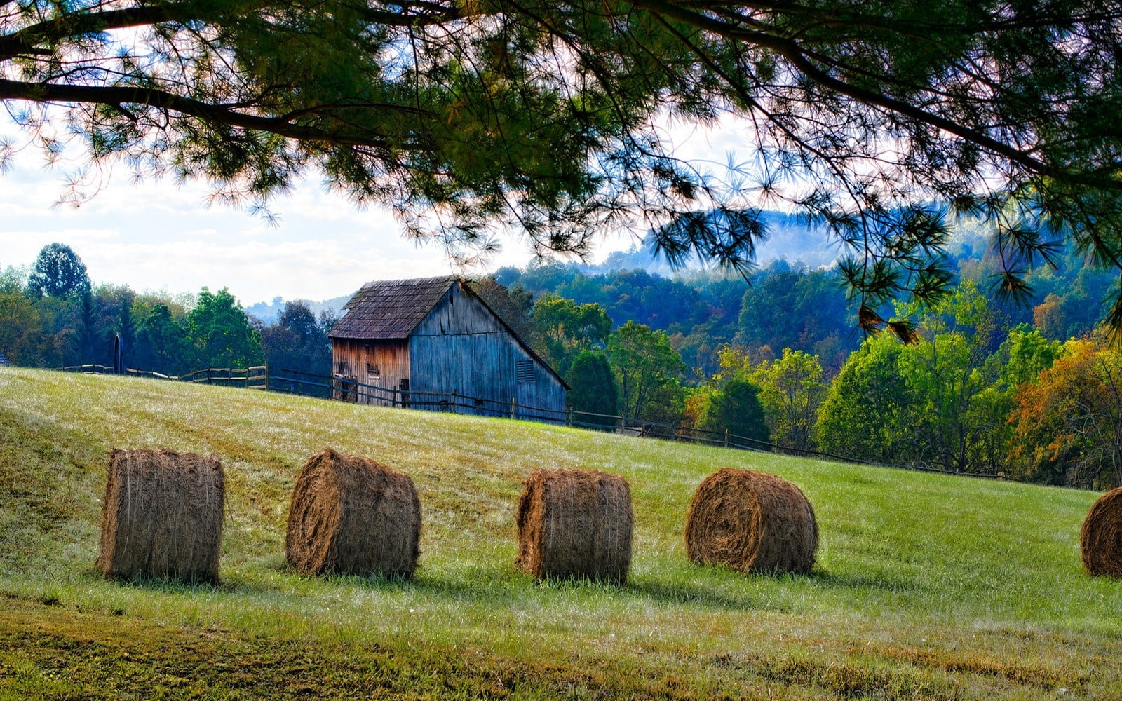 farm, fall, scenics - nature, plant, landscape, beauty in nature, rural scene, tranquility, brown, bale, hay, tranquil scene, nature, building exterior, HD Wallpaper