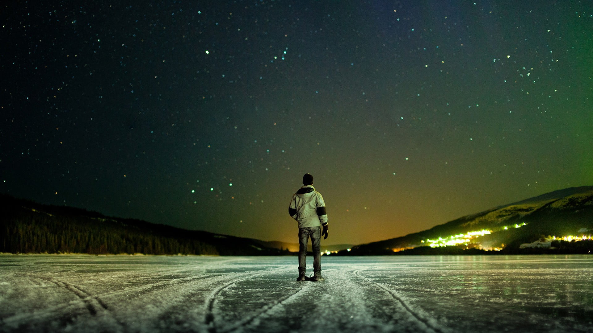 astronomy, brown, full length, real people, lifestyles, star - space, rear view, nature, gray, jacket, leisure activity, one person, direction, illuminated, HD Wallpaper