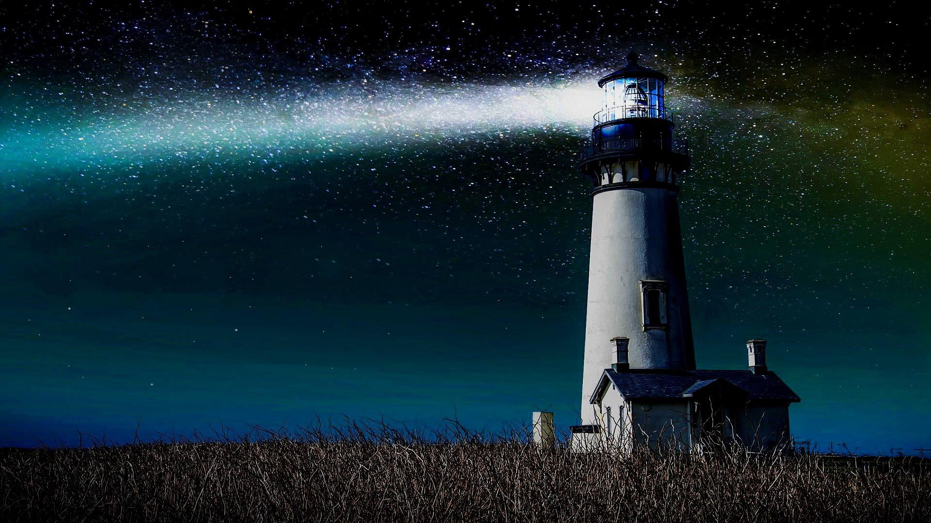starry night, 1080P, nature, night lights, field, light, night, lighthouse, starry, stars, HD Wallpaper