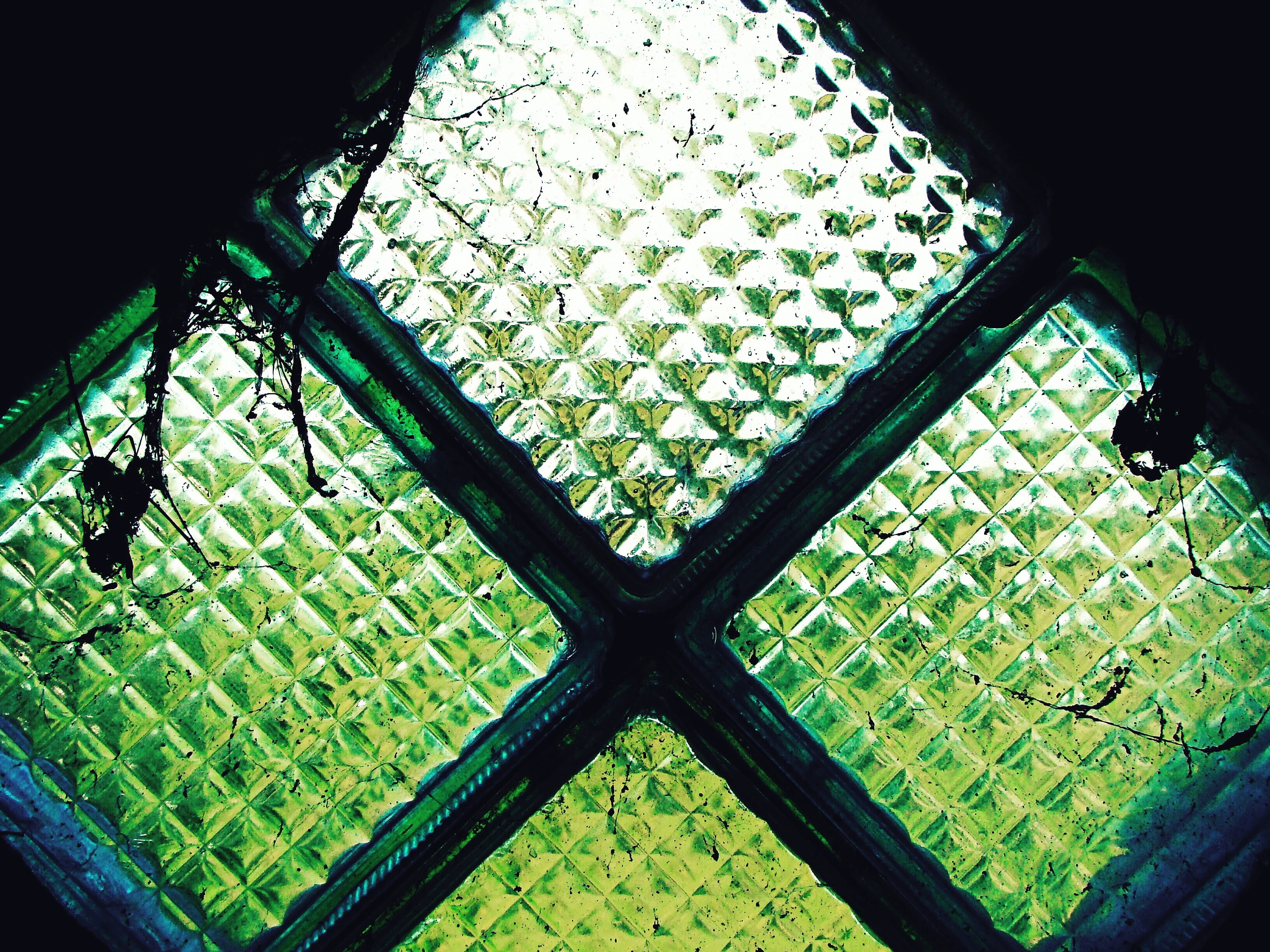 ceiling, green color, glass - material, green, spider web, turquoise colored, old, metal, grid, silhouette, built structure, 2K, architecture, window, HD Wallpaper