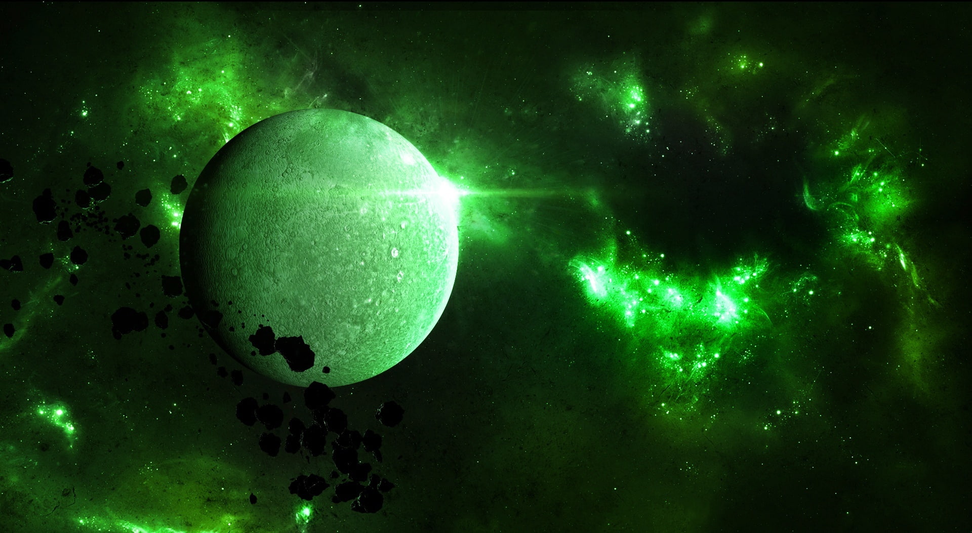 shiny, night, light - natural phenomenon, mercury, illustration, sphere, beauty in nature, green color, astronomy, 1080P, water, star - space, backgrounds, HD Wallpaper