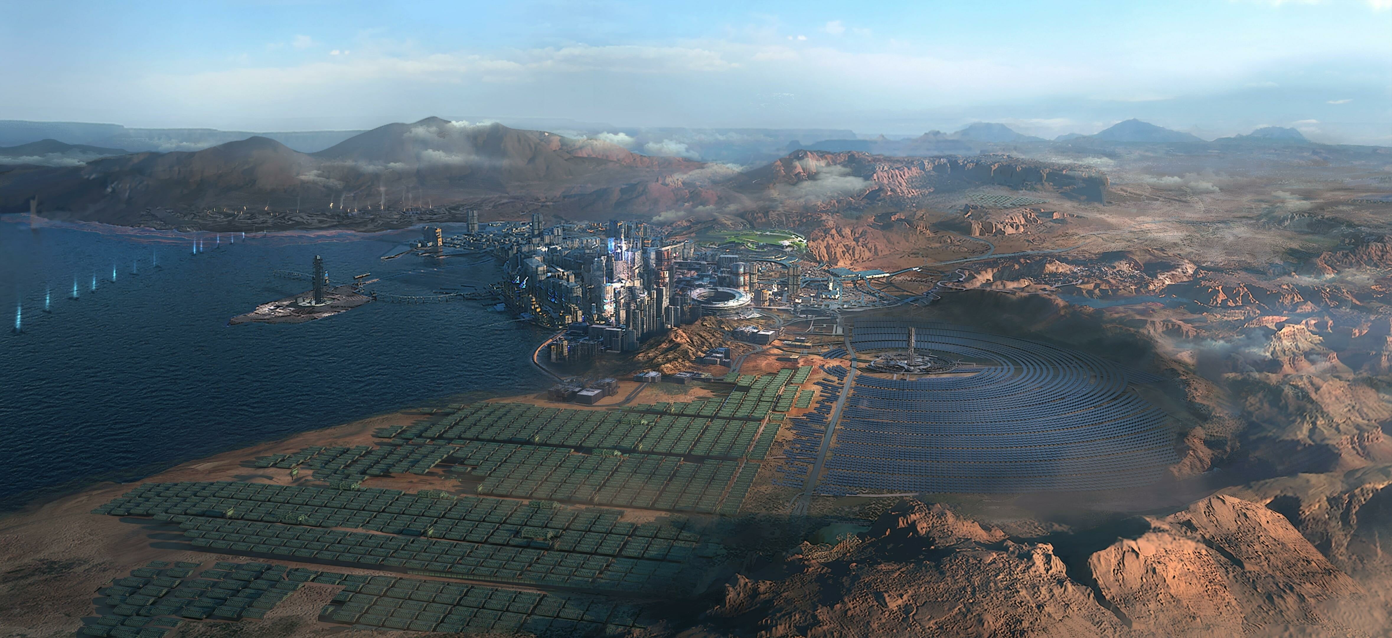 concept art, skyscraper, Cyberpunk 2077, skyscape, horizon, highway, bridge, digital painting, cyberpunk, video game painting, desert, solar power, mountains, HD Wallpaper