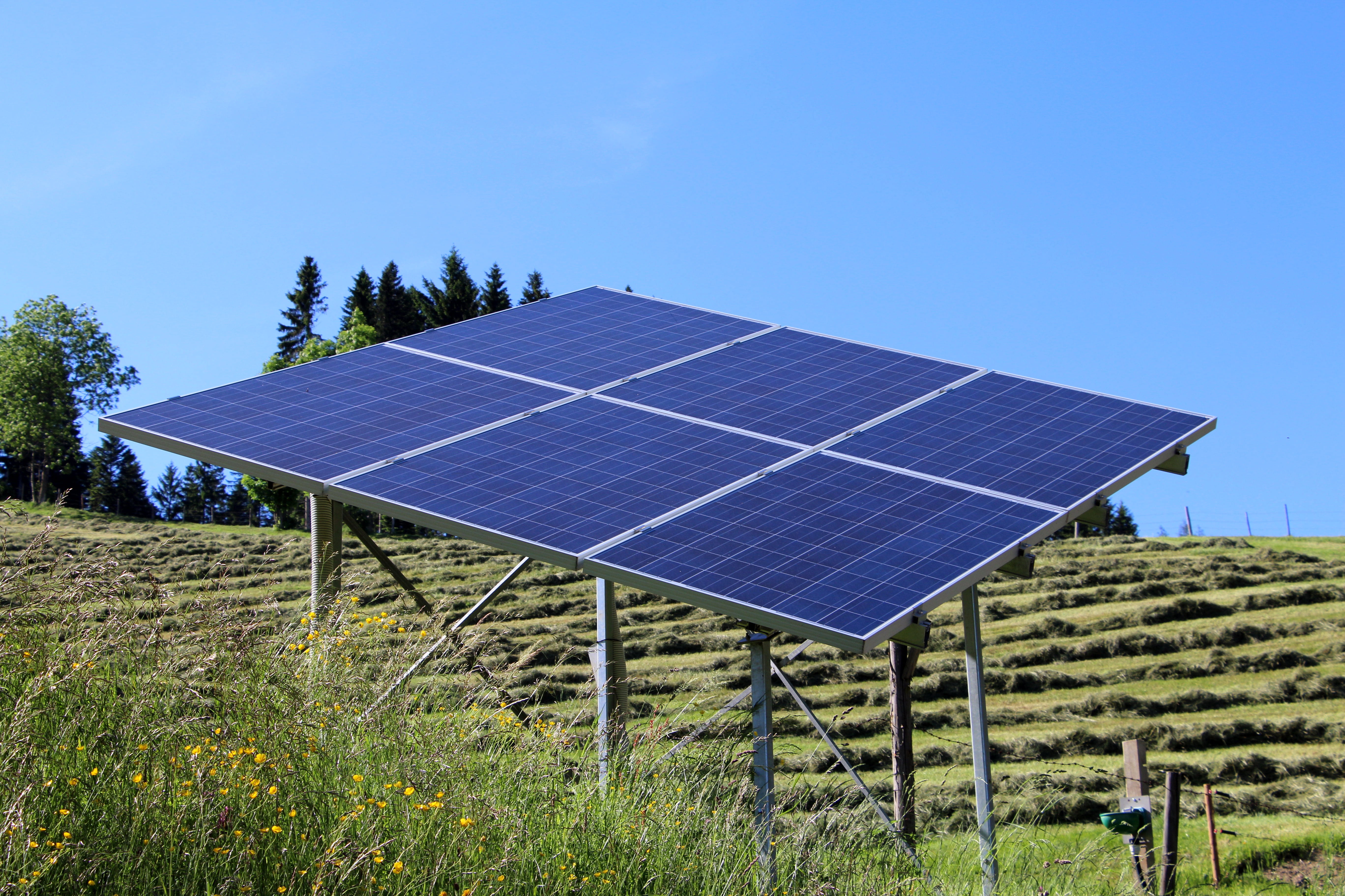 blue, day, alternative energy, field, outdoors, clear sky, Current, land, gray, nature, grass, no people, plant, solar power, electricity, sustainable resources, HD Wallpaper
