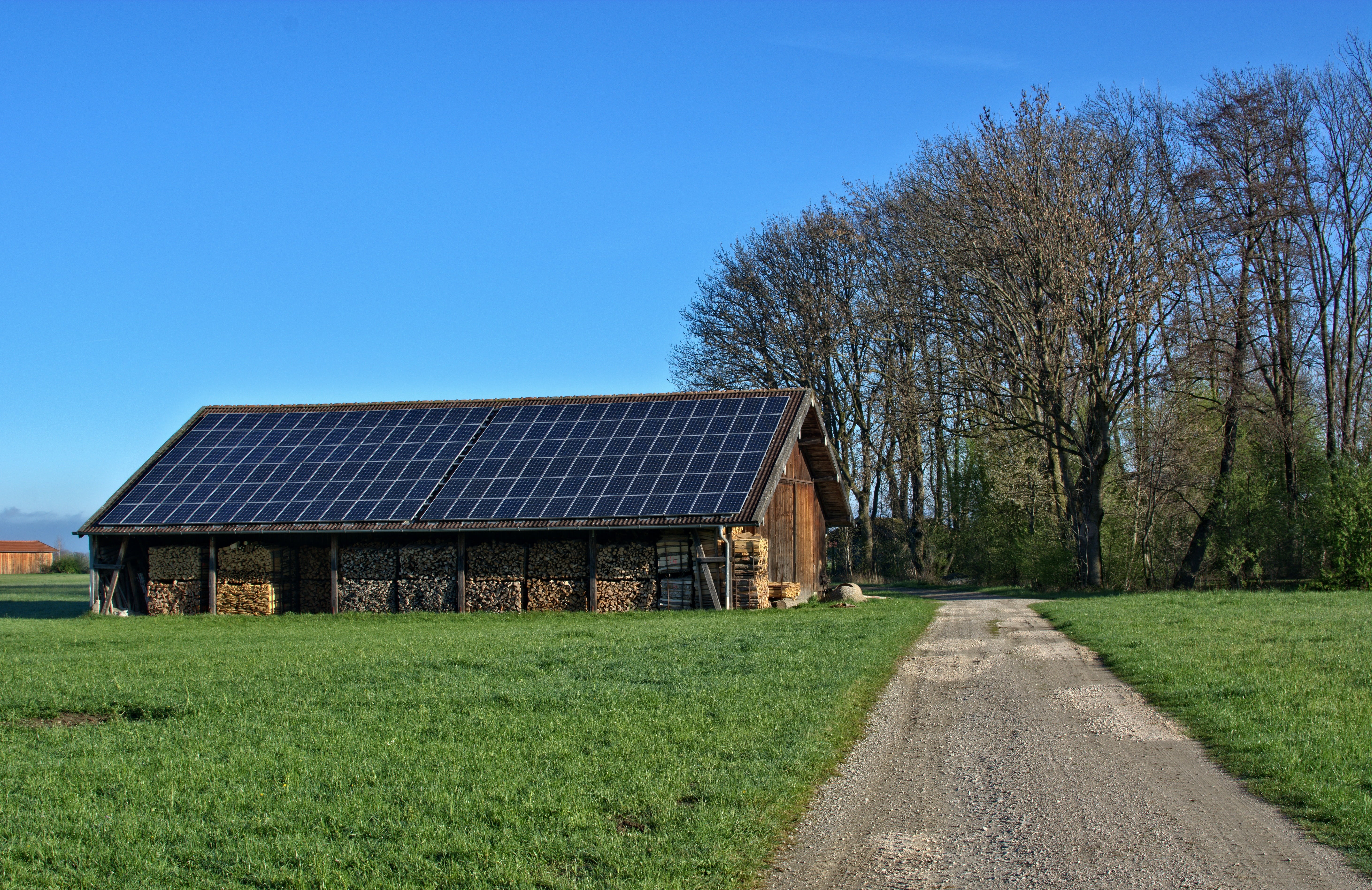 agricultural, solar panel, clear sky, landscape, trees, tree, renewable energy, architecture, field, farm buildings, environment, brown, nature, energy, HD Wallpaper