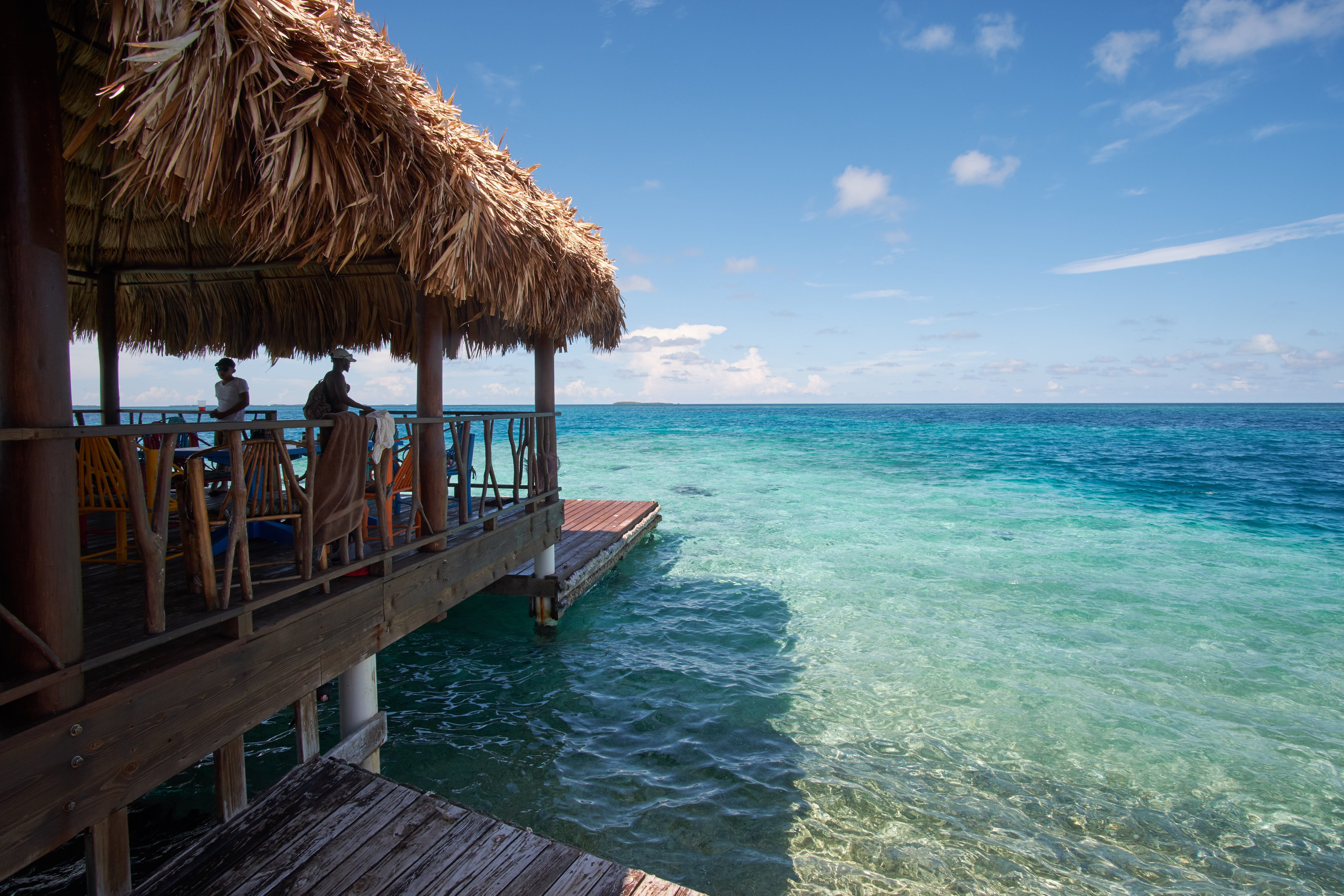 tranquility, water, day, beach, tranquil scene, wood - material, roof, caye, belize, island, floating deck, ocean, scenics - nature, horizon, land, summer, HD Wallpaper