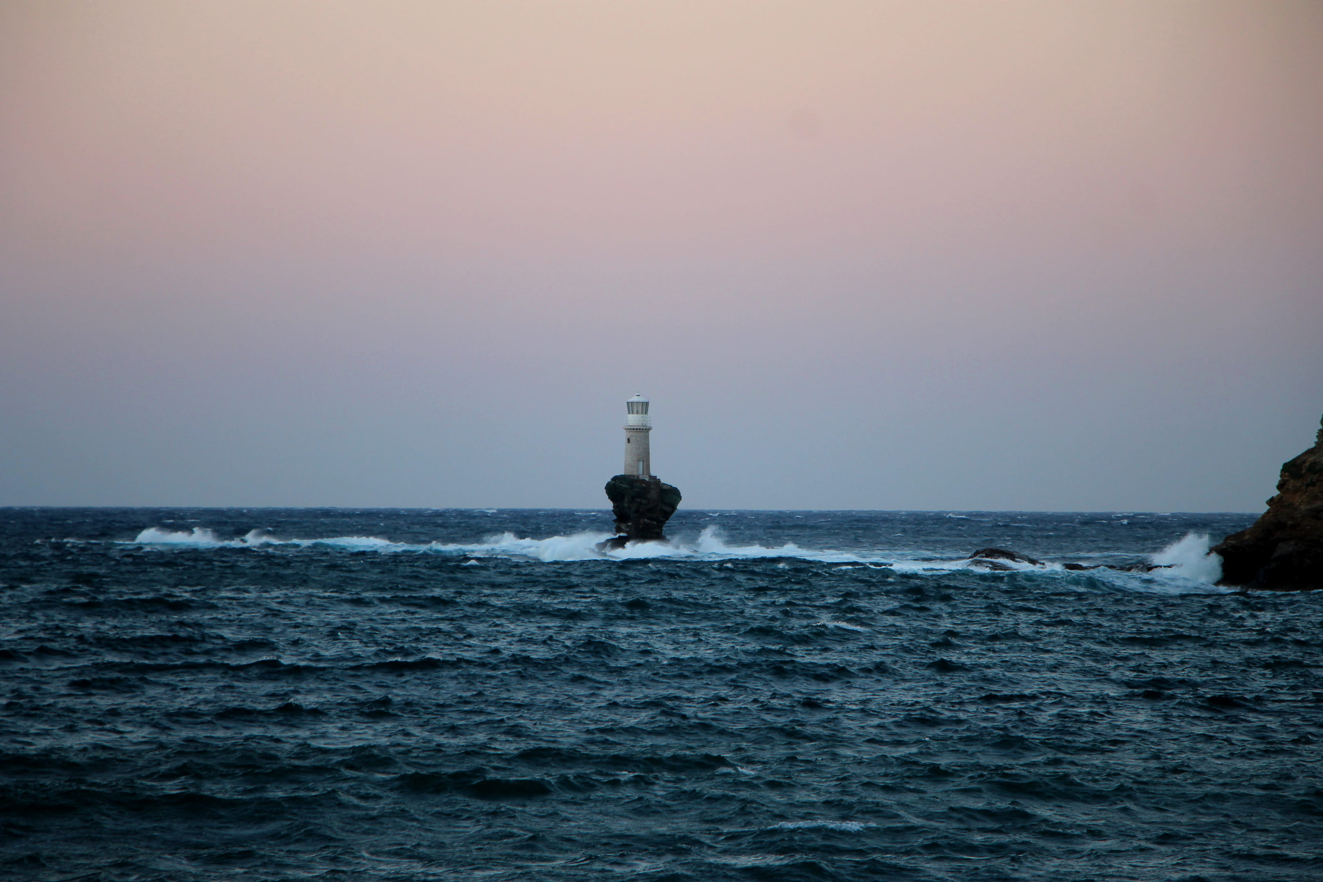 horizon, sky, greece, horizon over water, clear sky, no people, sunset, outdoors, tower, lighthouse, rock, built structure, beauty in nature, scenics - nature, HD Wallpaper