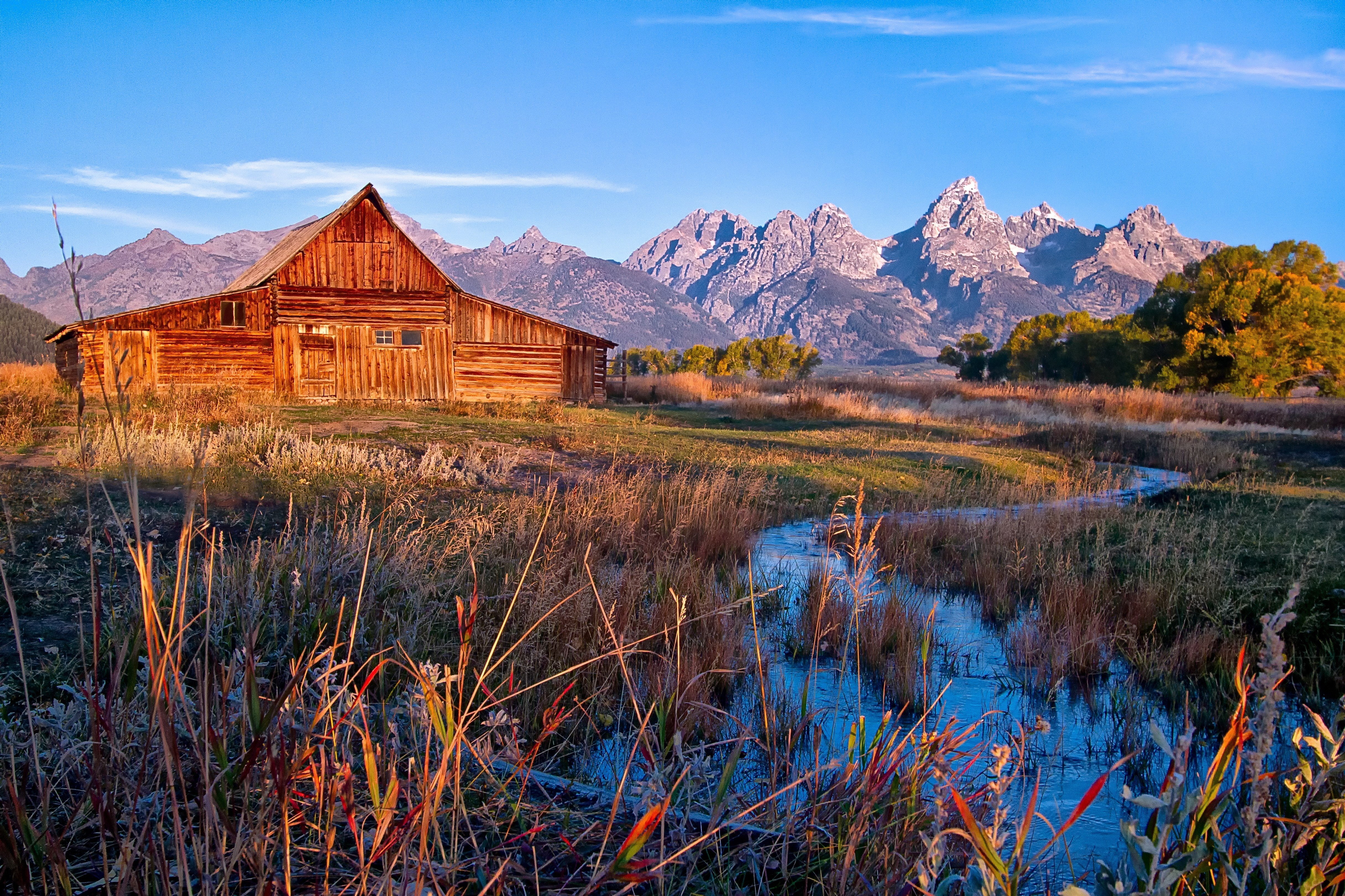 river, jackson, wyoming, autumn, national, rustic, farm, barm, park, row, mountains, mormon, hole, 4K, teton, grand, usa, HD Wallpaper